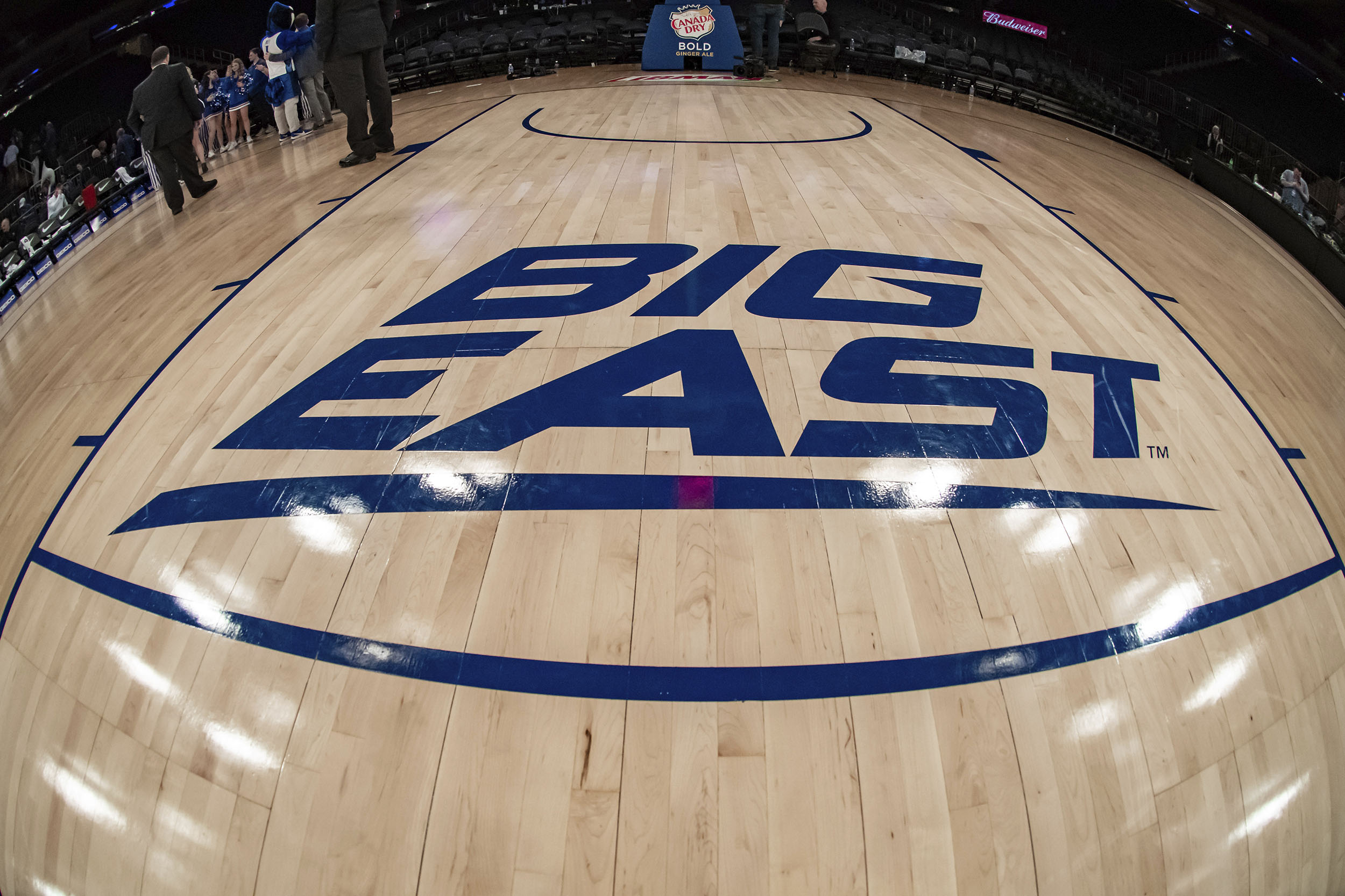 General view of the Big East Conference logo during the first half of a Big East tournament quarterfinal game on March 12, at Madison Square Garden in New York. 