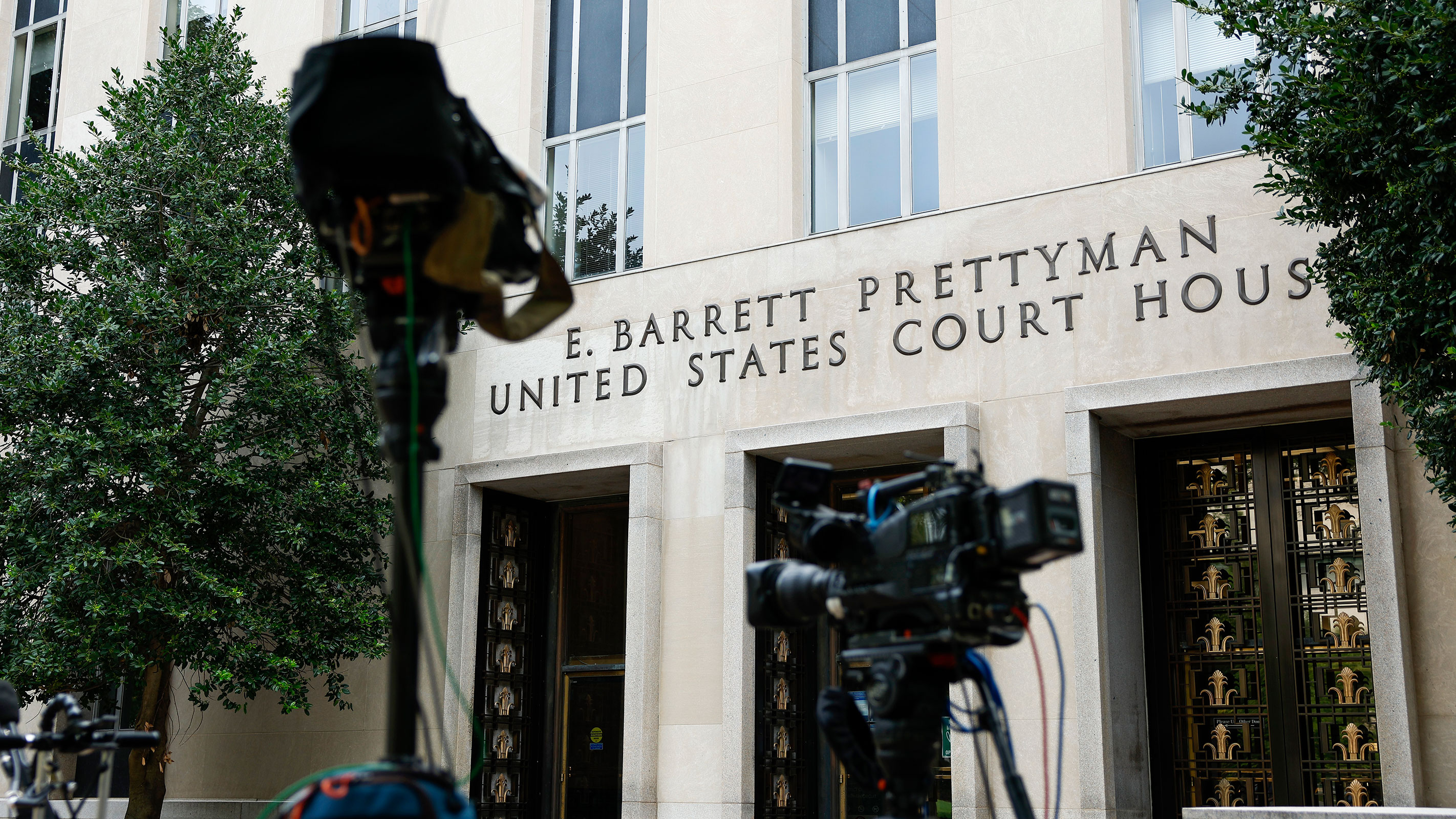 News cameras sit in front of the E. Barrett Prettyman U.S. District Court House on August 01, 2023 in Washington, DC. 
