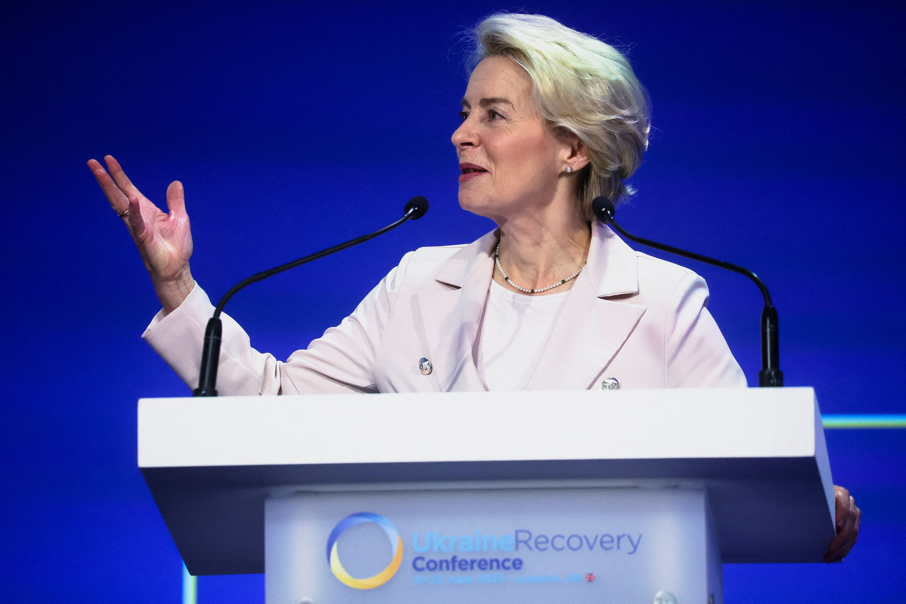 European Commission President Ursula von der Leyen speaks during the Ukraine Recovery Conference in London, on June 21. 