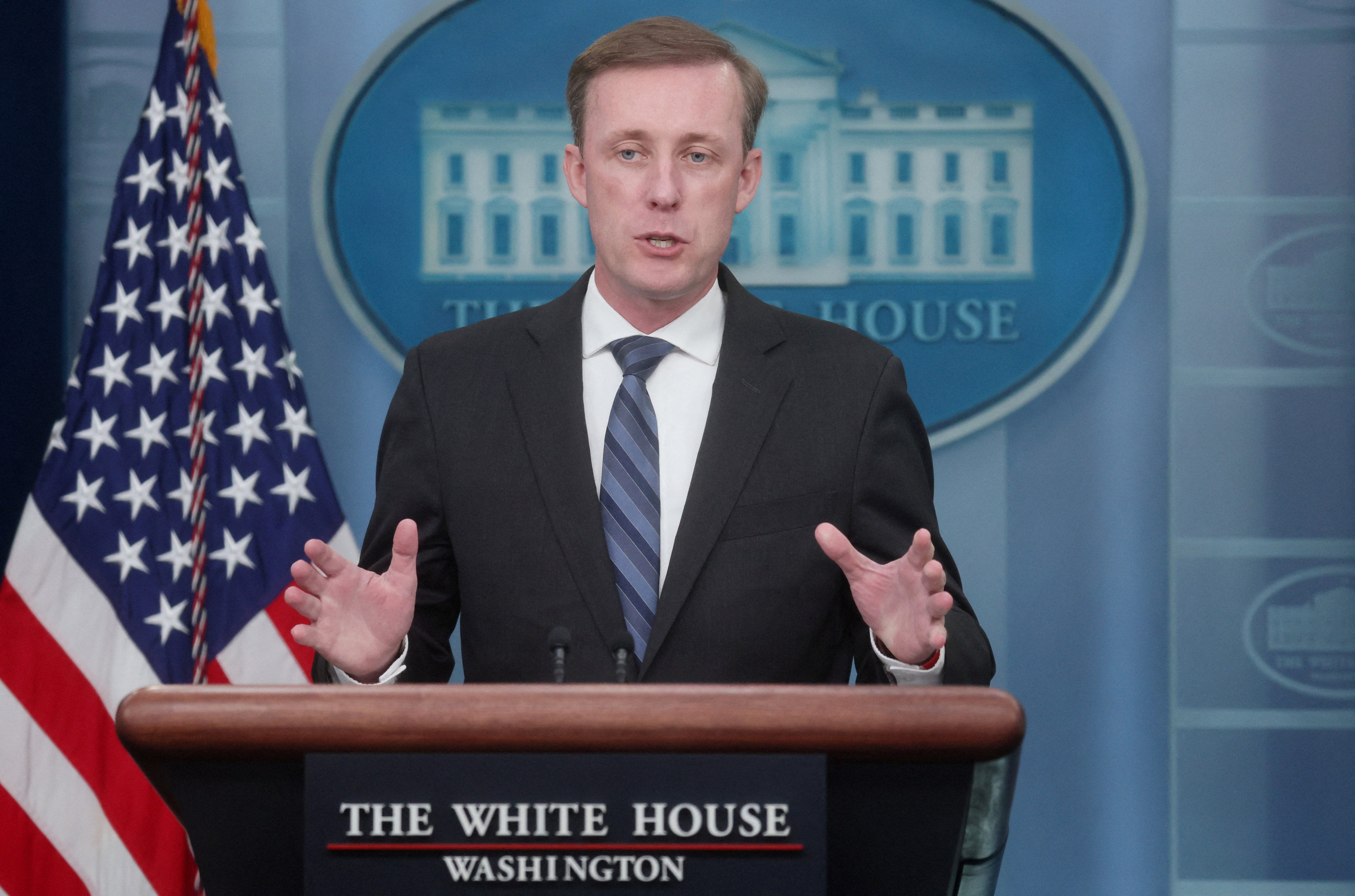 White House National Security Advisor Jake Sullivan speaks during a press briefing at the White House in Washington, DC, on September 5, 2023.