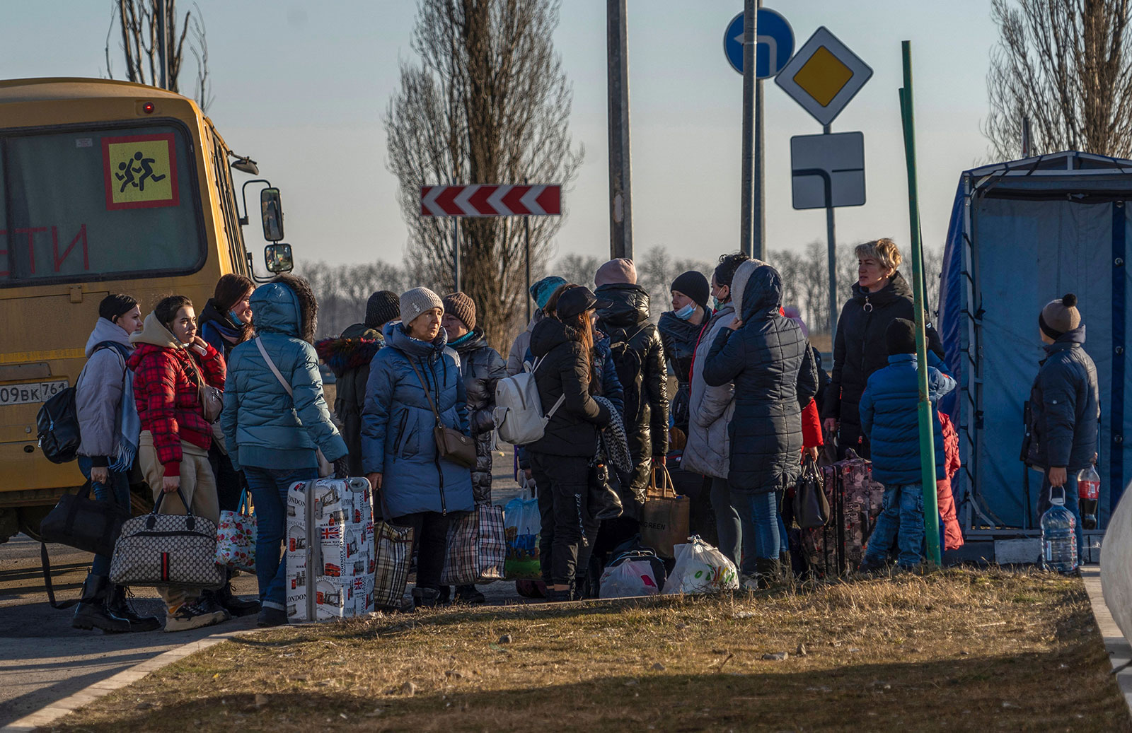 People are evacuated to Russia from the Donetsk People's Republic on February 19.