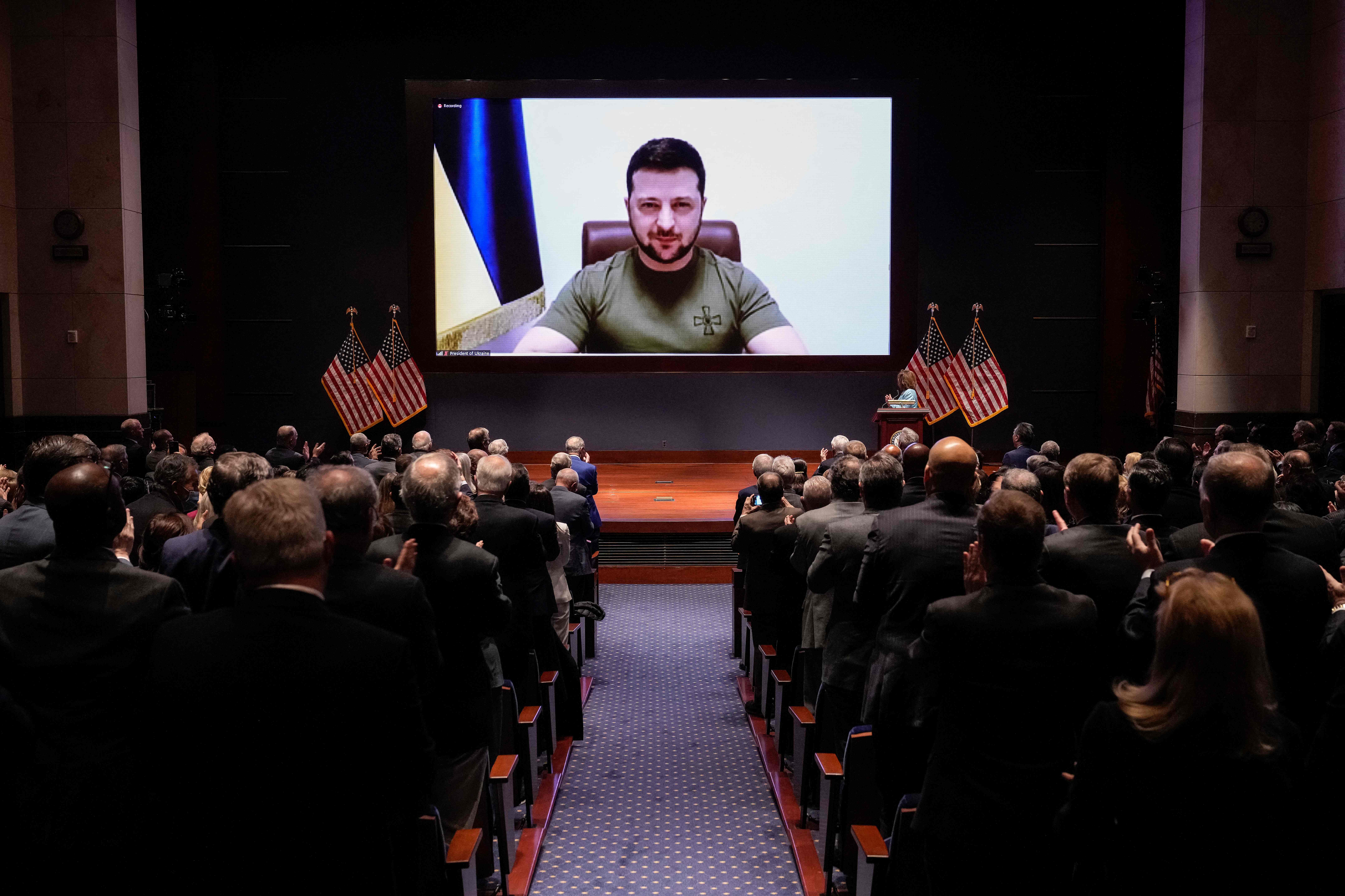 Ukrainian President Volodymyr Zelensky virtually addresses the US Congress on March 16, at the US Capitol Visitor Center Congressional Auditorium, in Washington, DC.