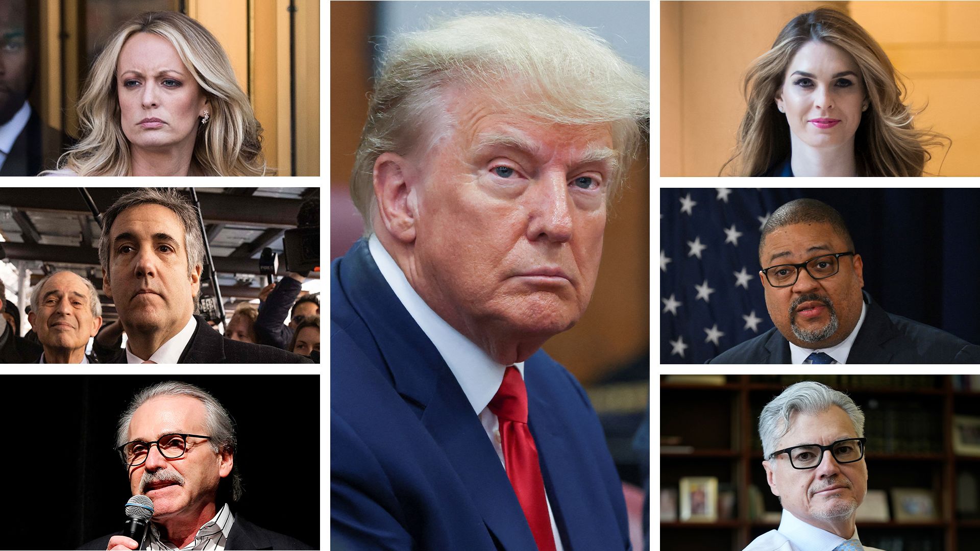 This composite image shows former President Donald Trump (center), Stormy Daniels (top left), Michael Cohen (middle left), David Pecker (bottom left), Hope Hicks (top right), Alvin Bragg (middle right) and Judge Juan Merchan (bottom right).