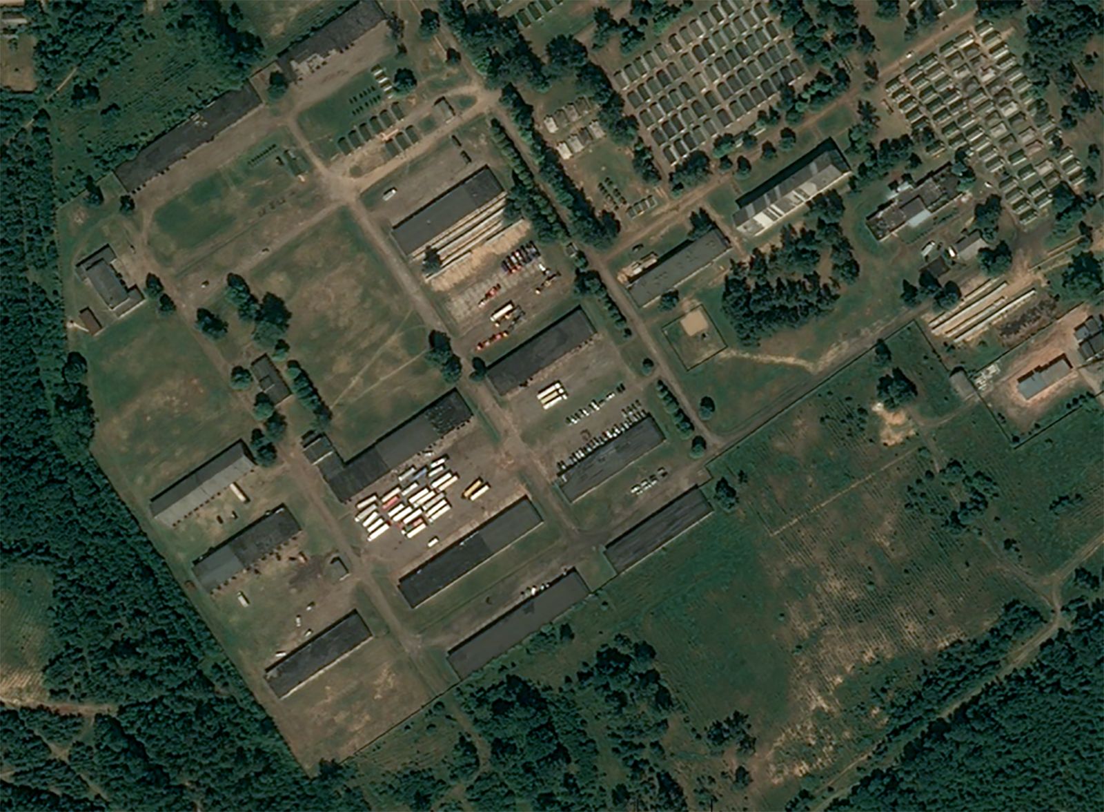 A satellite image shows the first convoy of Wagner forces arriving at a Belarusian base on July 17.