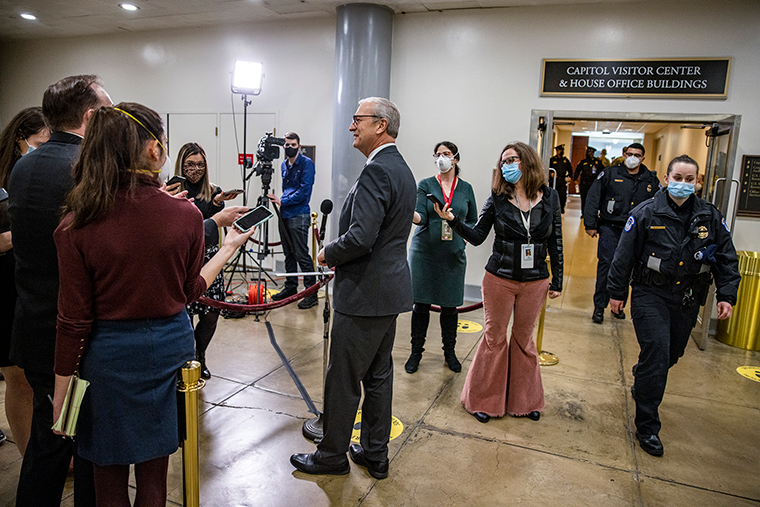 Sen. Kevin Cramer speaks to the press before he heads to the senate floor on February 09.