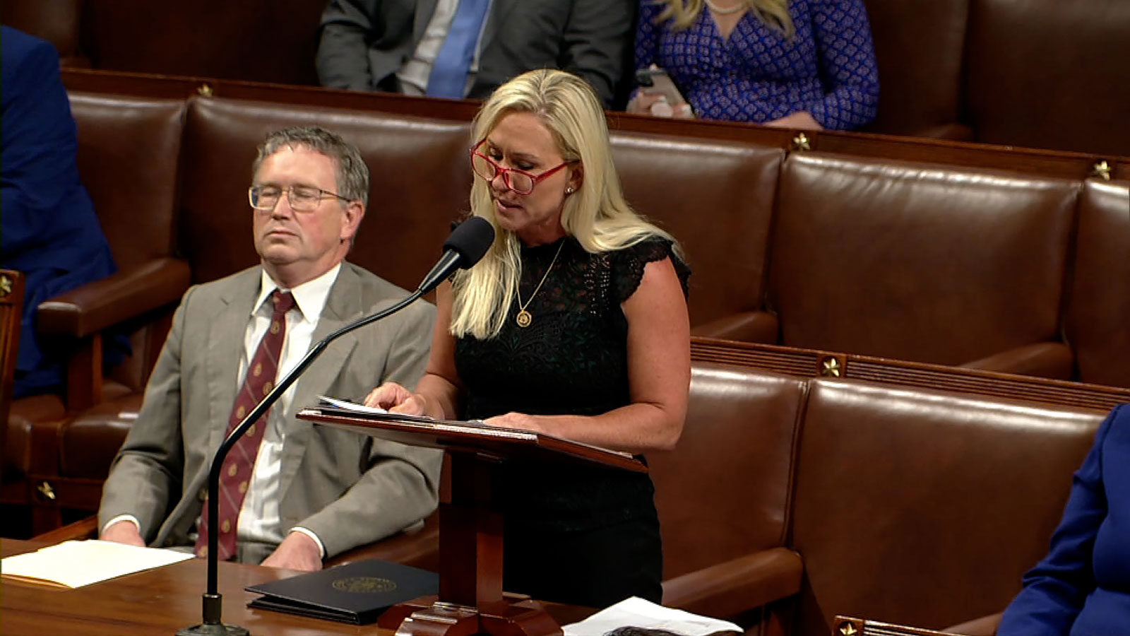 Rep. Marjorie Taylor Greene speaks on the house floor on Wednesday, May 8.