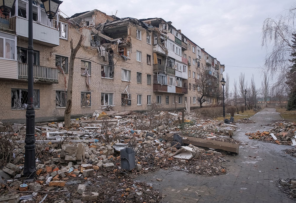 A building damaged by a Russian military strike in the frontline city of Bakhmut, Ukraine, on February 27.
