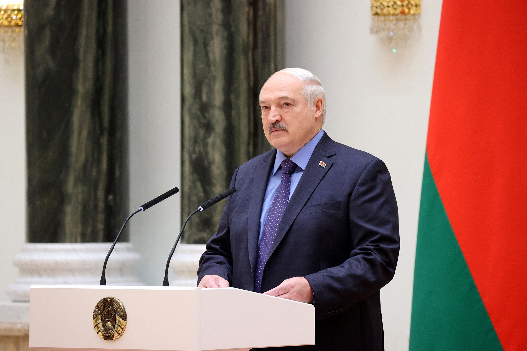 Belarusian President Alexander Lukashenko delivers a speech during a meeting with high-ranking military officers in Minsk, Belarus, on June 27.