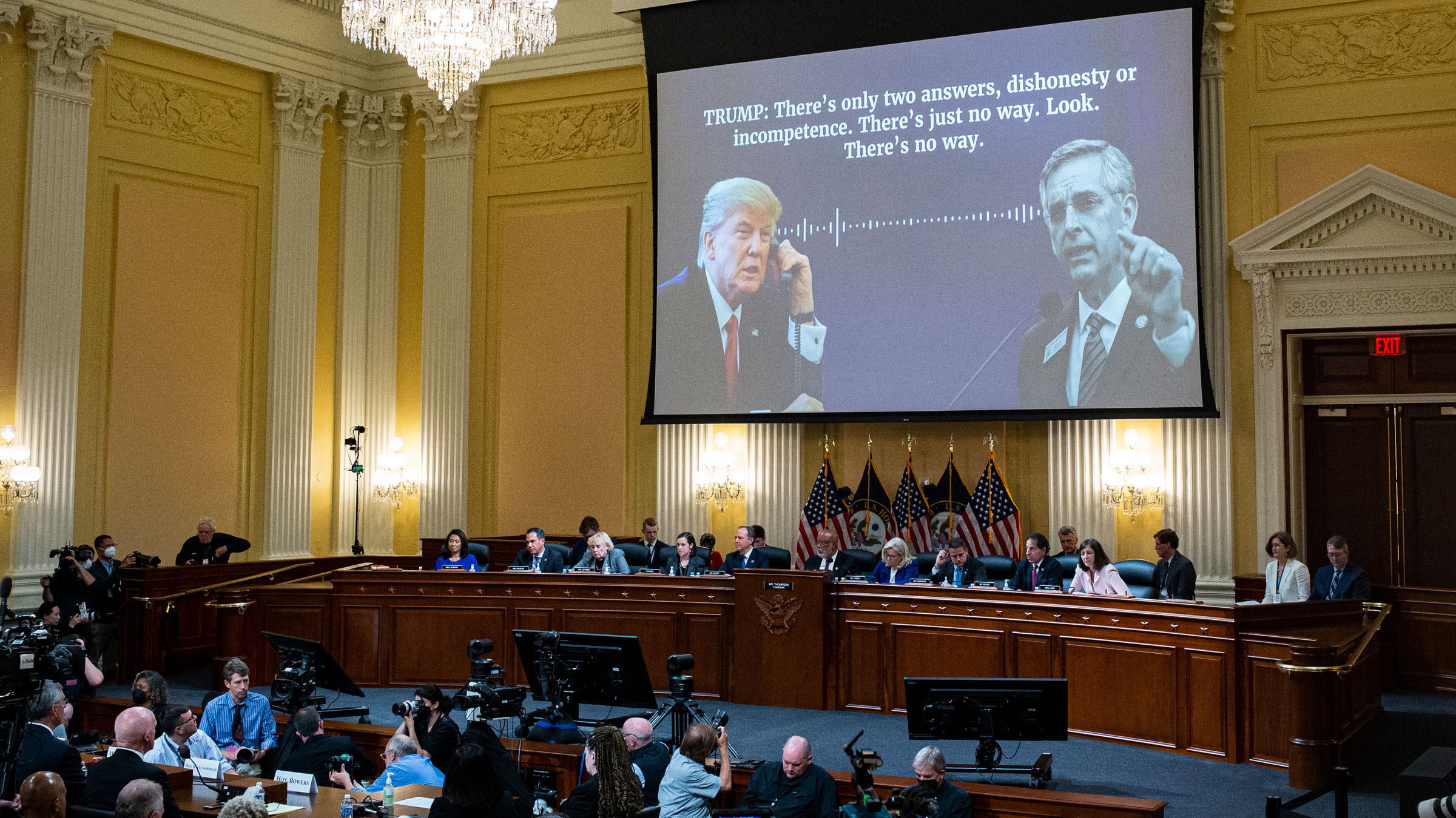 An audio recording of a phone call between then-President Donald Trump and Georgia Secretary of State Brad Raffensperger is played during Tuesday's hearing.