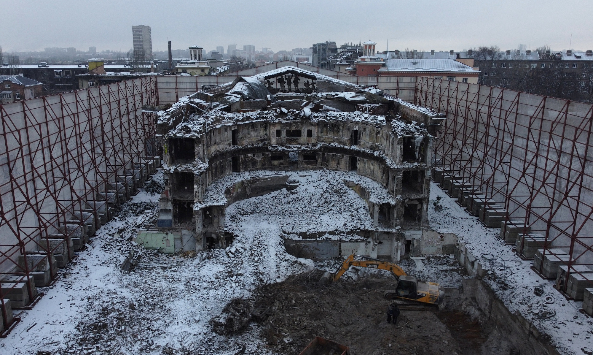 An aerial view shows the bombed-out theater in Mariupol on February 2.