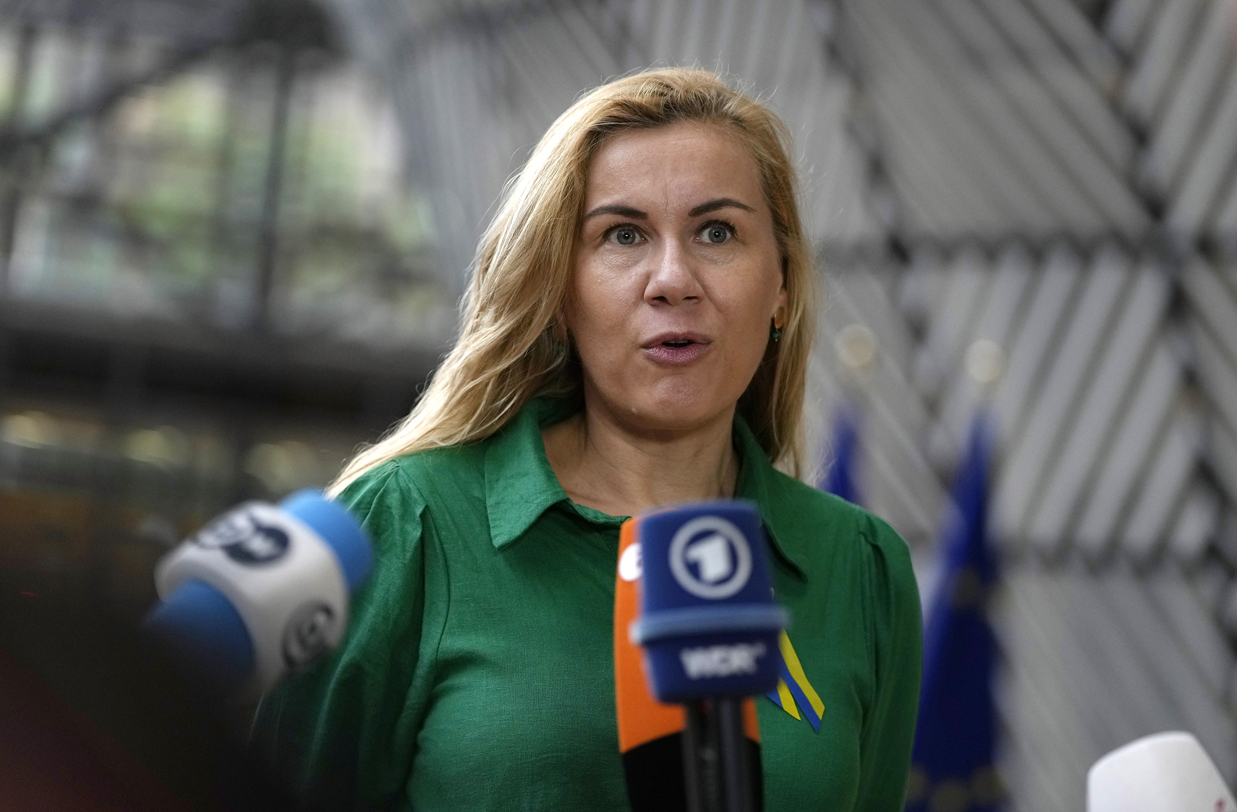 European Commissioner for Energy Kadri Simson speaks as she arrives for an emergency meeting of EU energy ministers in Brussels, Belgium, on July 26.