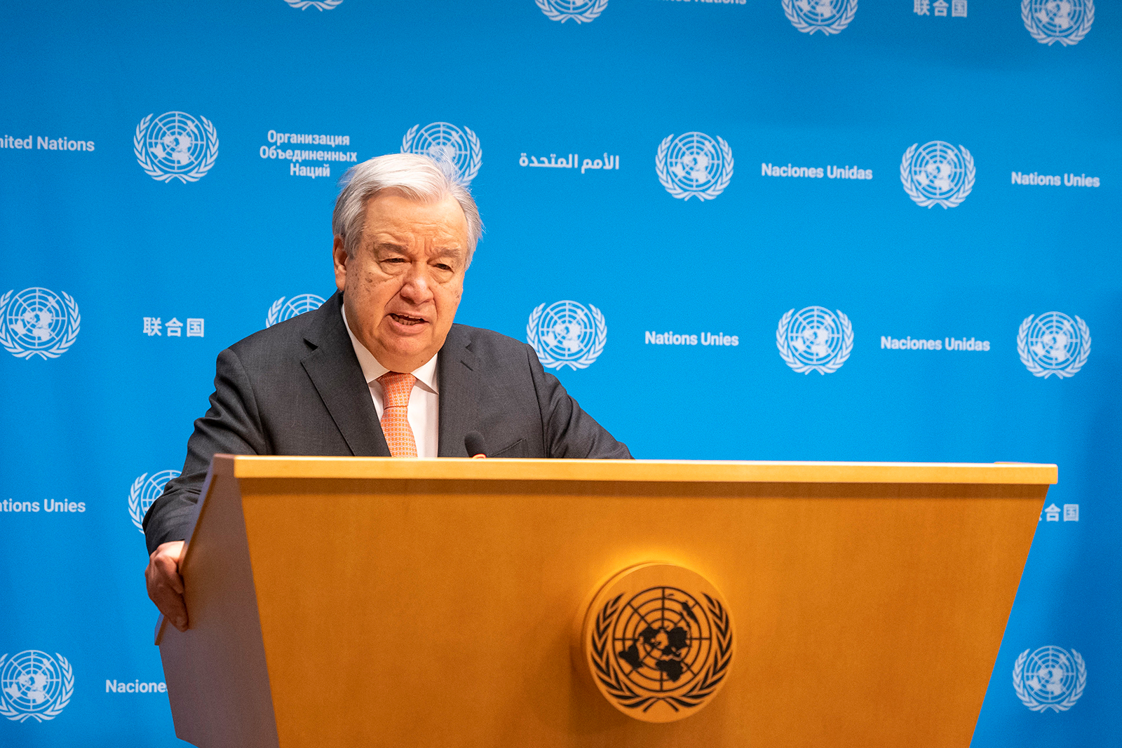 Antonio Guterres attends a press briefing at the UN headquarters on January 15, in New York City.