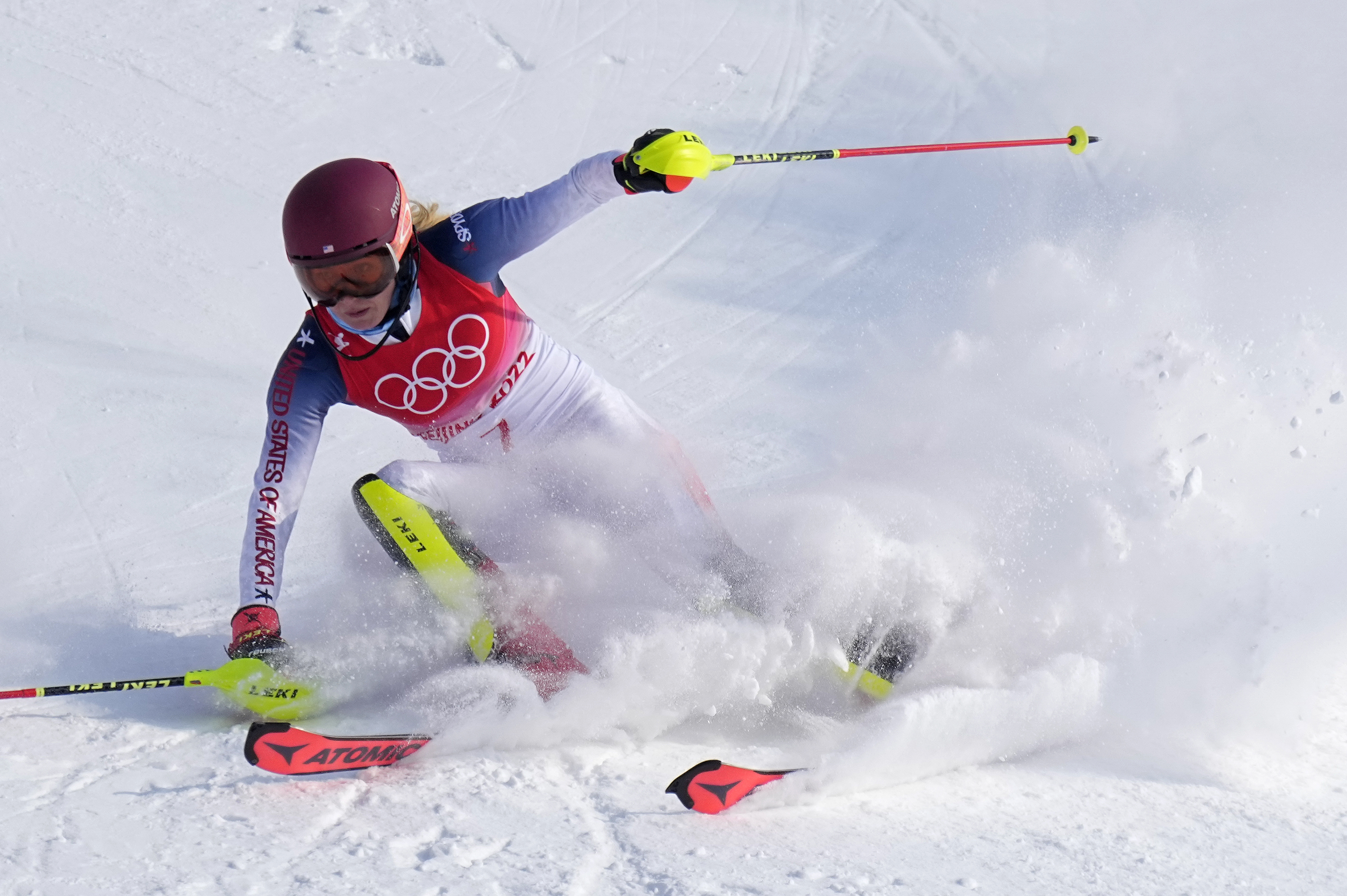Team USA's Mikaela Shiffrin skis out in the first run of the women's slalom on Wednesday.
