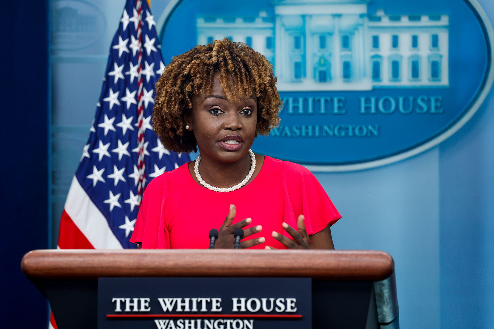 White House press secretary Karine Jean-Pierre speaks during the daily news briefing at the White House on Monday in Washington, DC.