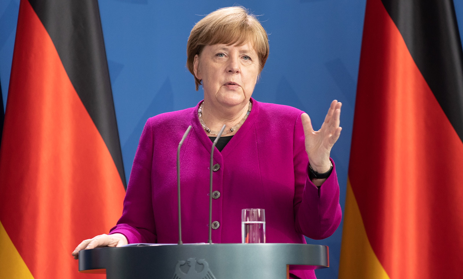 German Chancellor Angela Merkel speaks to the media during a press conference in Berlin on Monday.