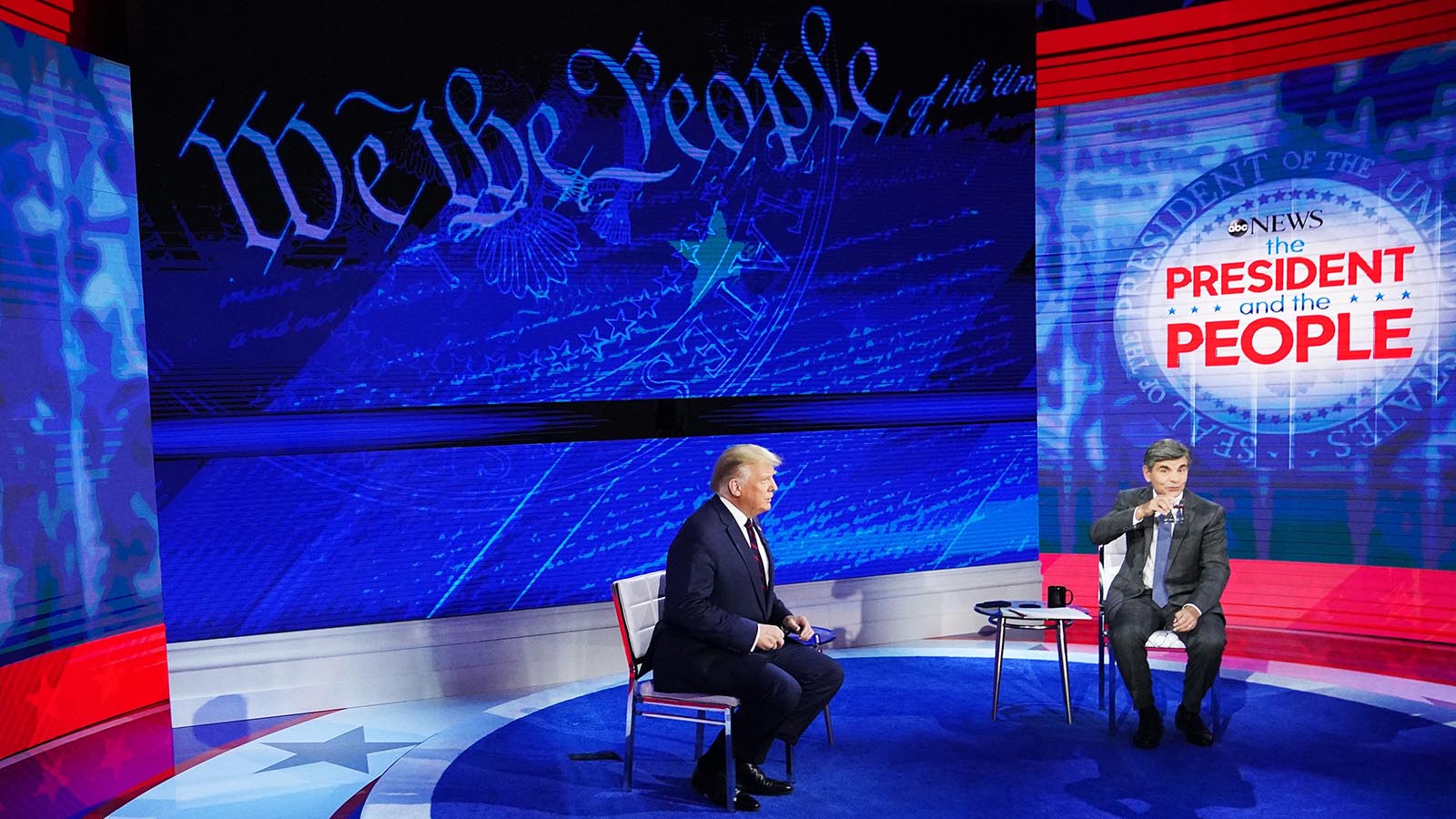 President Donald Trump sits with ABC New anchor George Stephanopoulos for a town hall event at the National Constitution Center in Philadelphia on September 15.