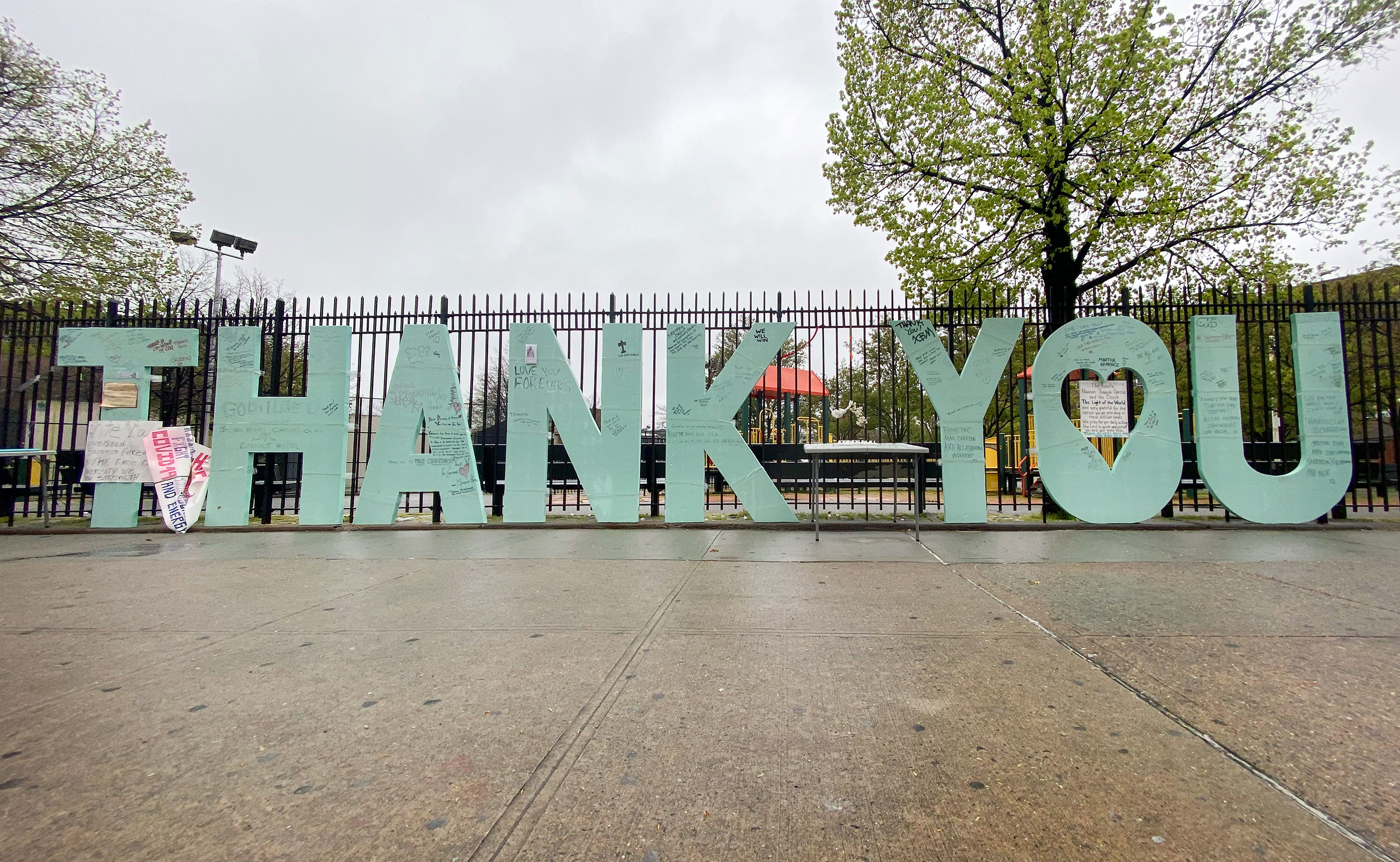 A Thank you sign for medical staff is seen outside of Elmhurst Hospital in New York on April 27..