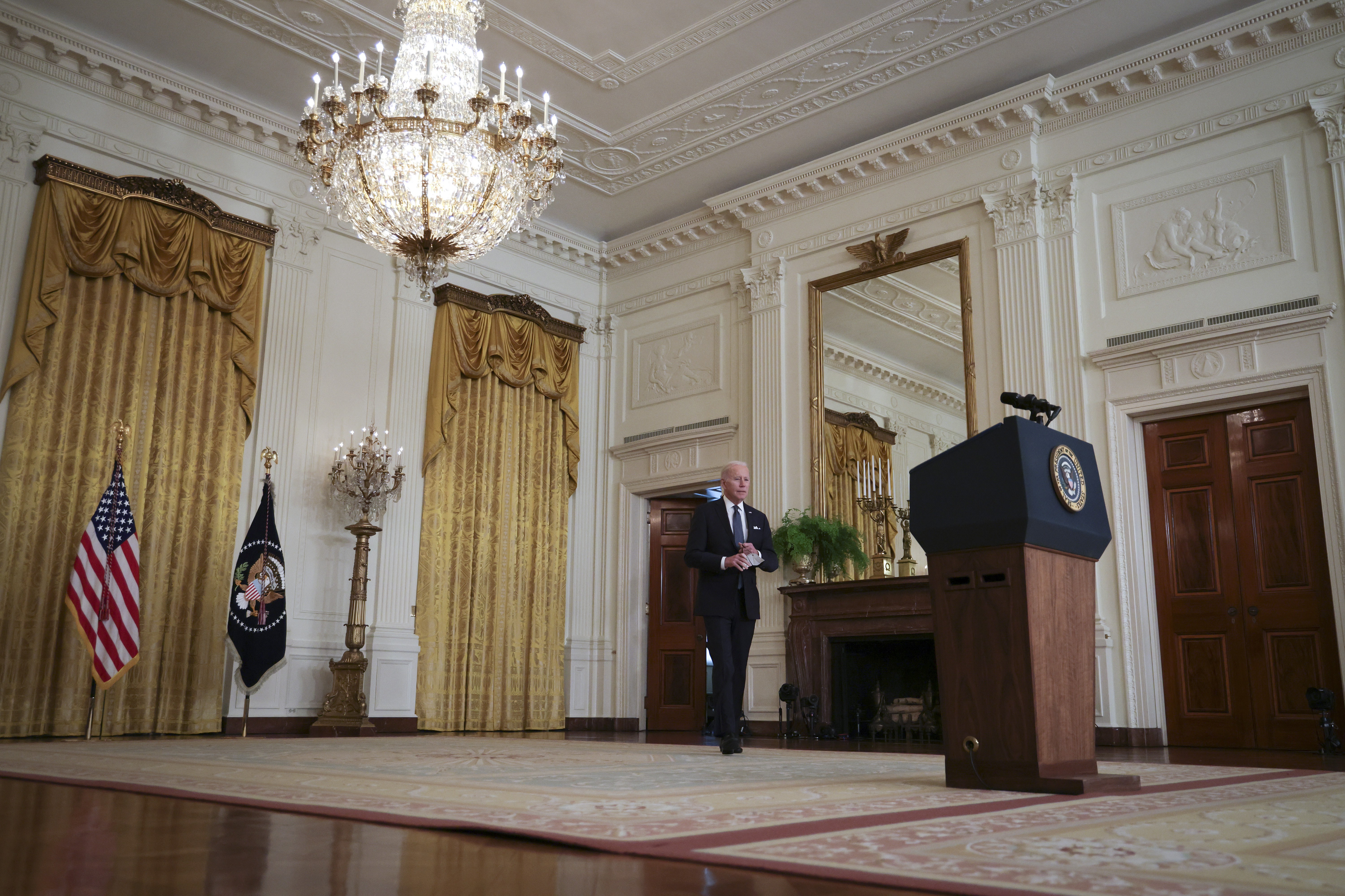 President Joe Biden arrives to deliver remarks on the situation with Russia and Ukraine in the East Room of the White House on February 15. 