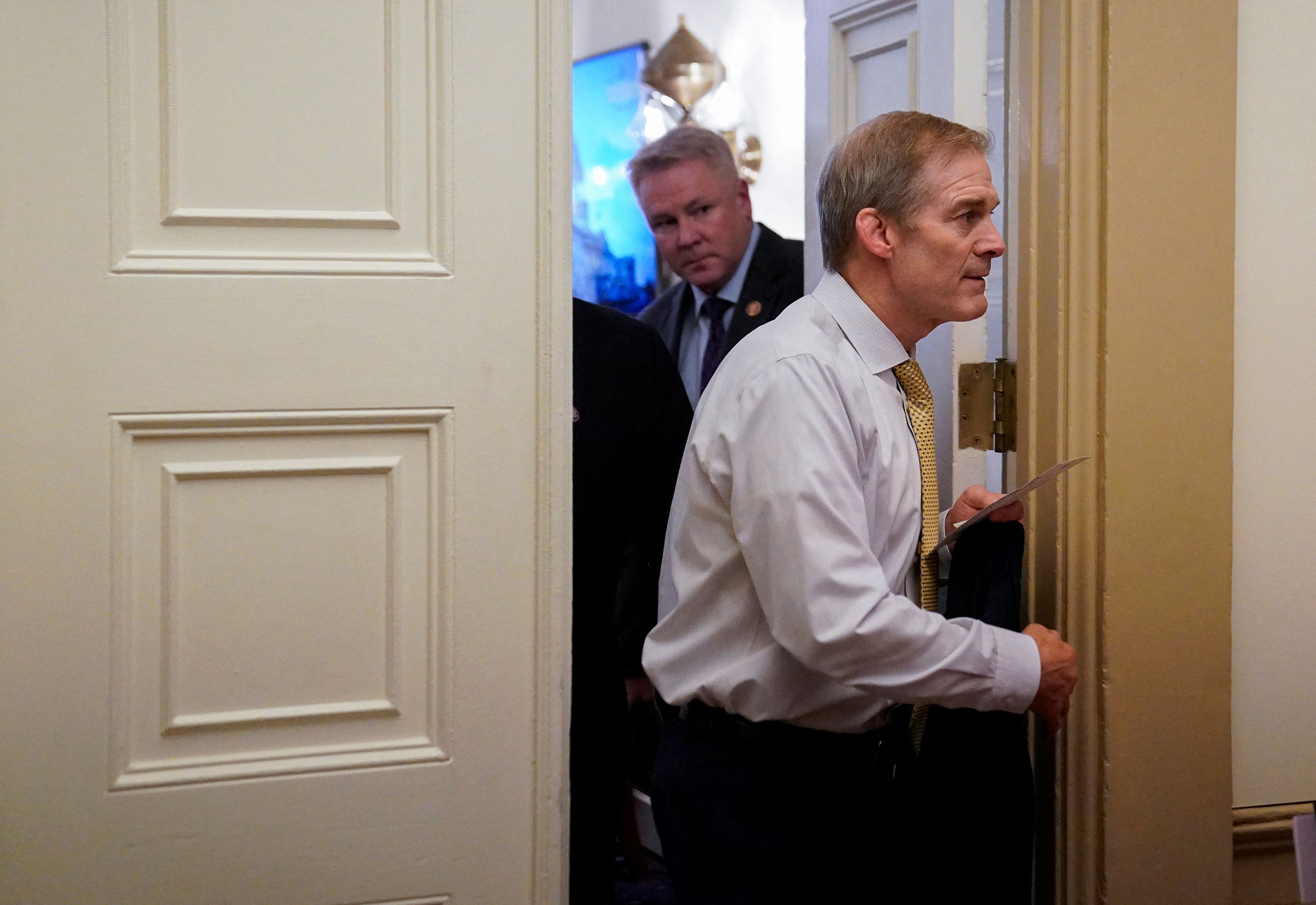 Rep. Jim Jordan leaves the office of House Majority Whip Tom Emmer on Tuesday.