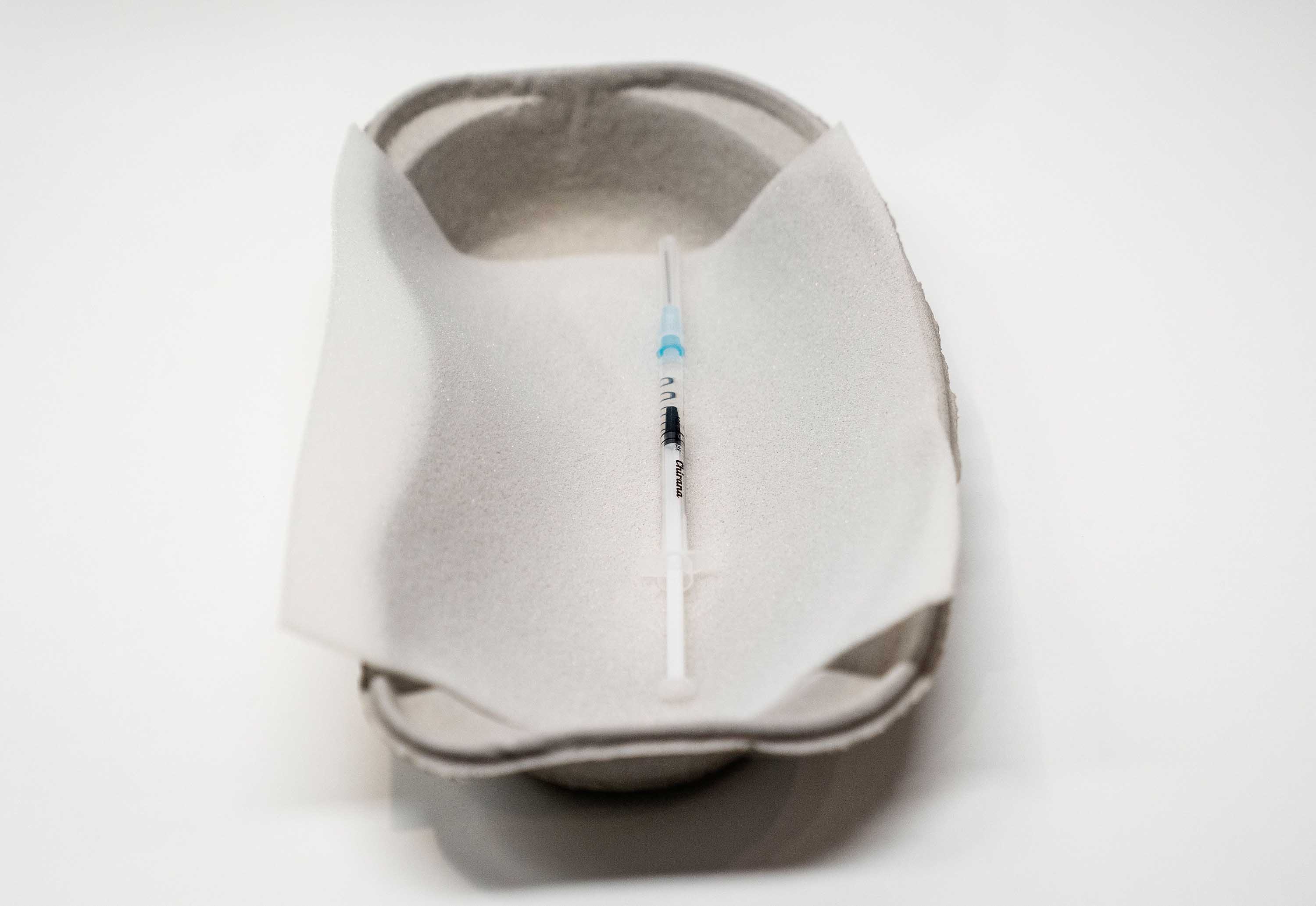 A syringe prepped for vaccination with the AstraZeneca vaccine is pictured in Copenhagen, Denmark, on February 11. 