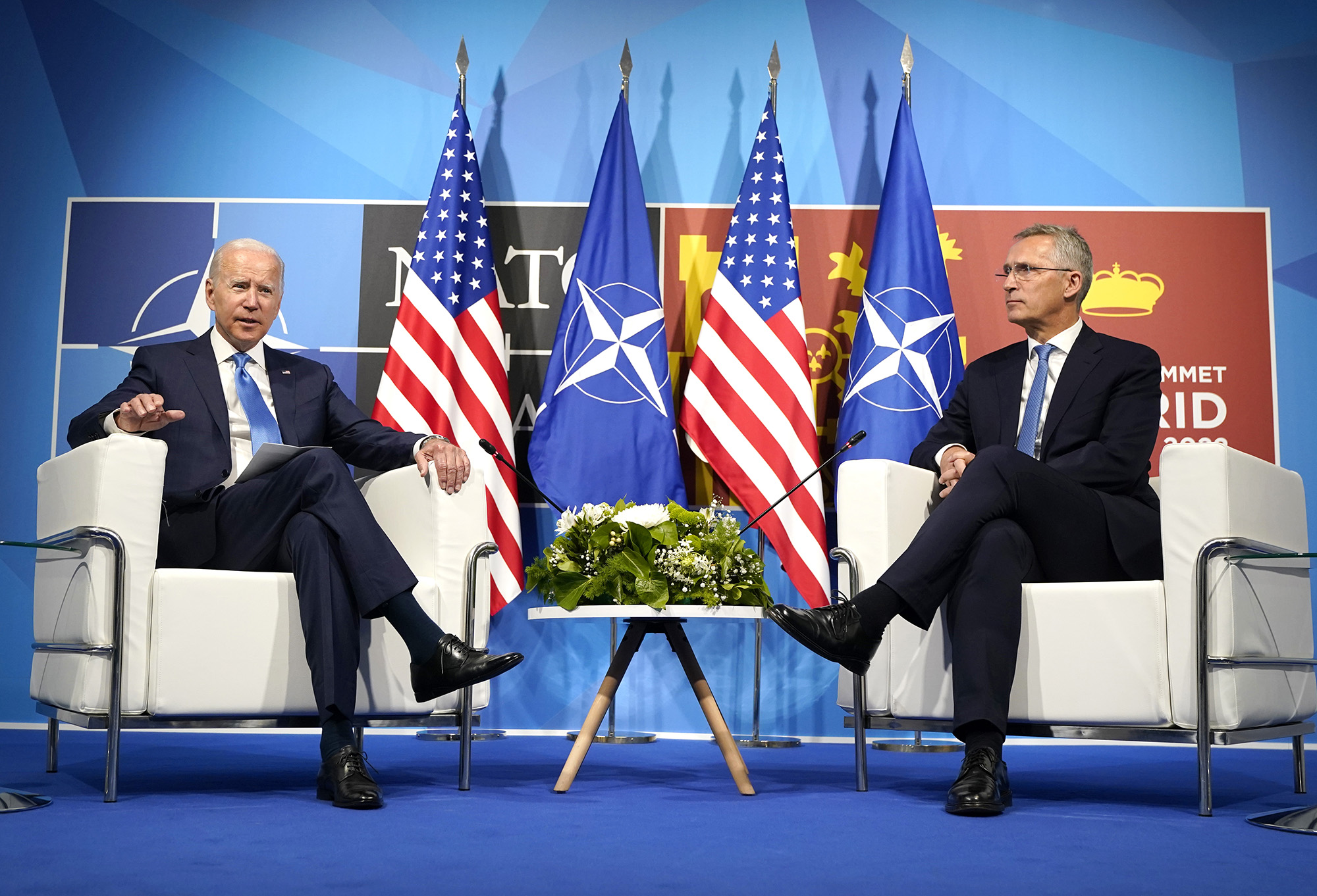 U.S. President Joe Biden, left, talks with NATO Secretary General Jens Stoltenberg during a meeting at the NATO summit in Madrid, Spain, on June 29.