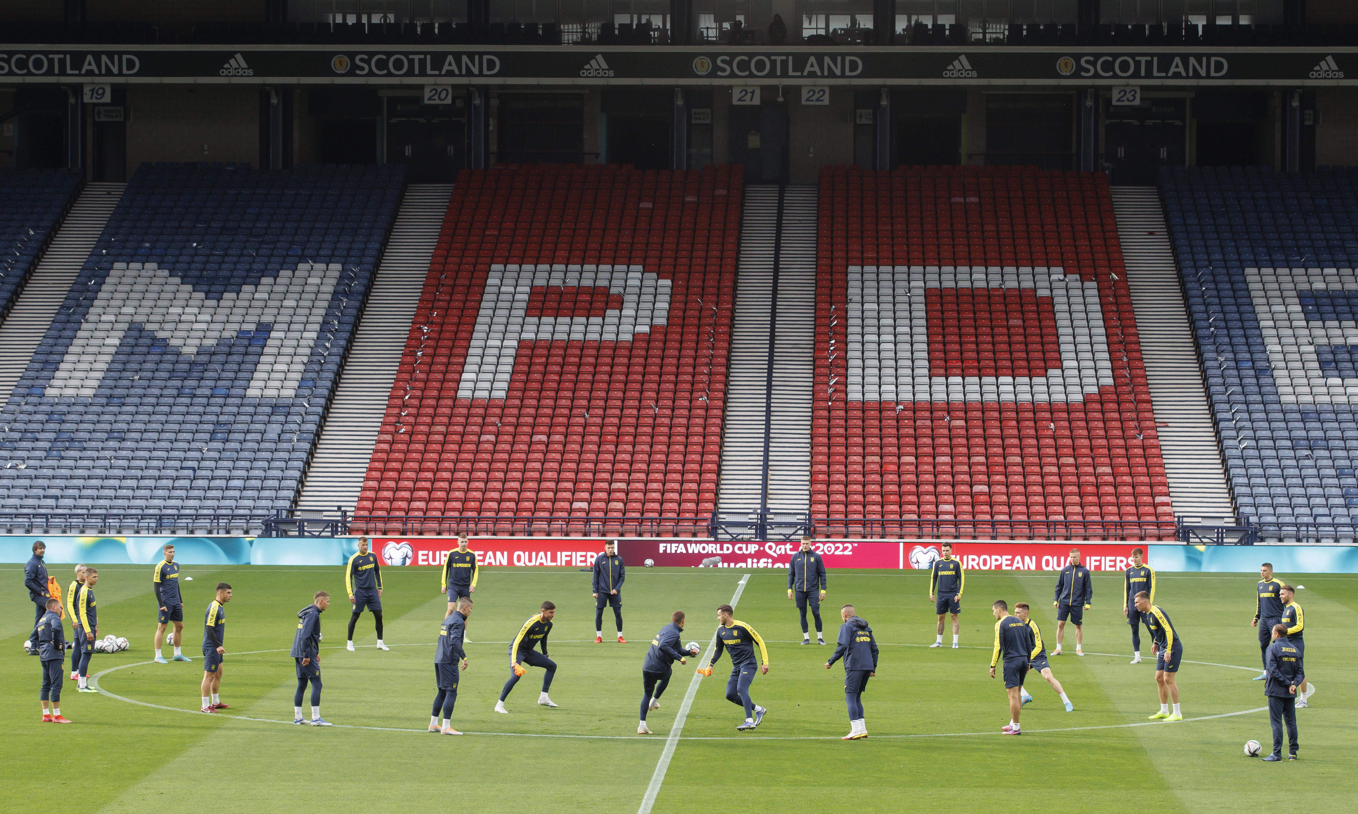 Ukraine team warms up during a training session on May 31,  in Glasgow, Scotland. 
