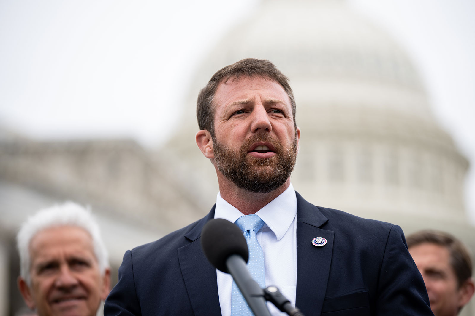Rep. Markwayne Mullin speaks during a news conference outside the US Capitol on May 12. 