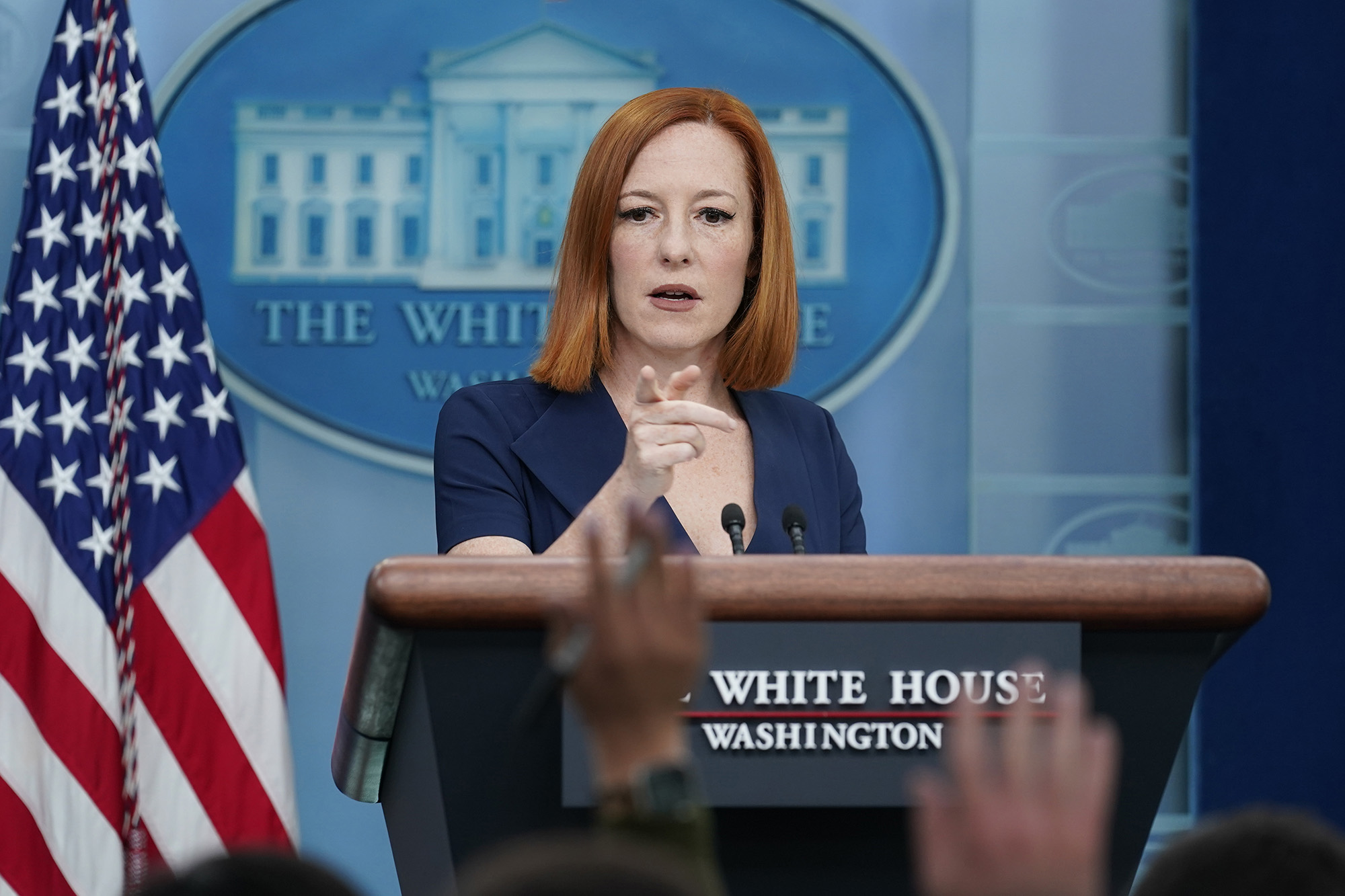 White House press secretary Jen Psaki calls on a reporter during the daily briefing at the White House in Washington D.C, on April 28.