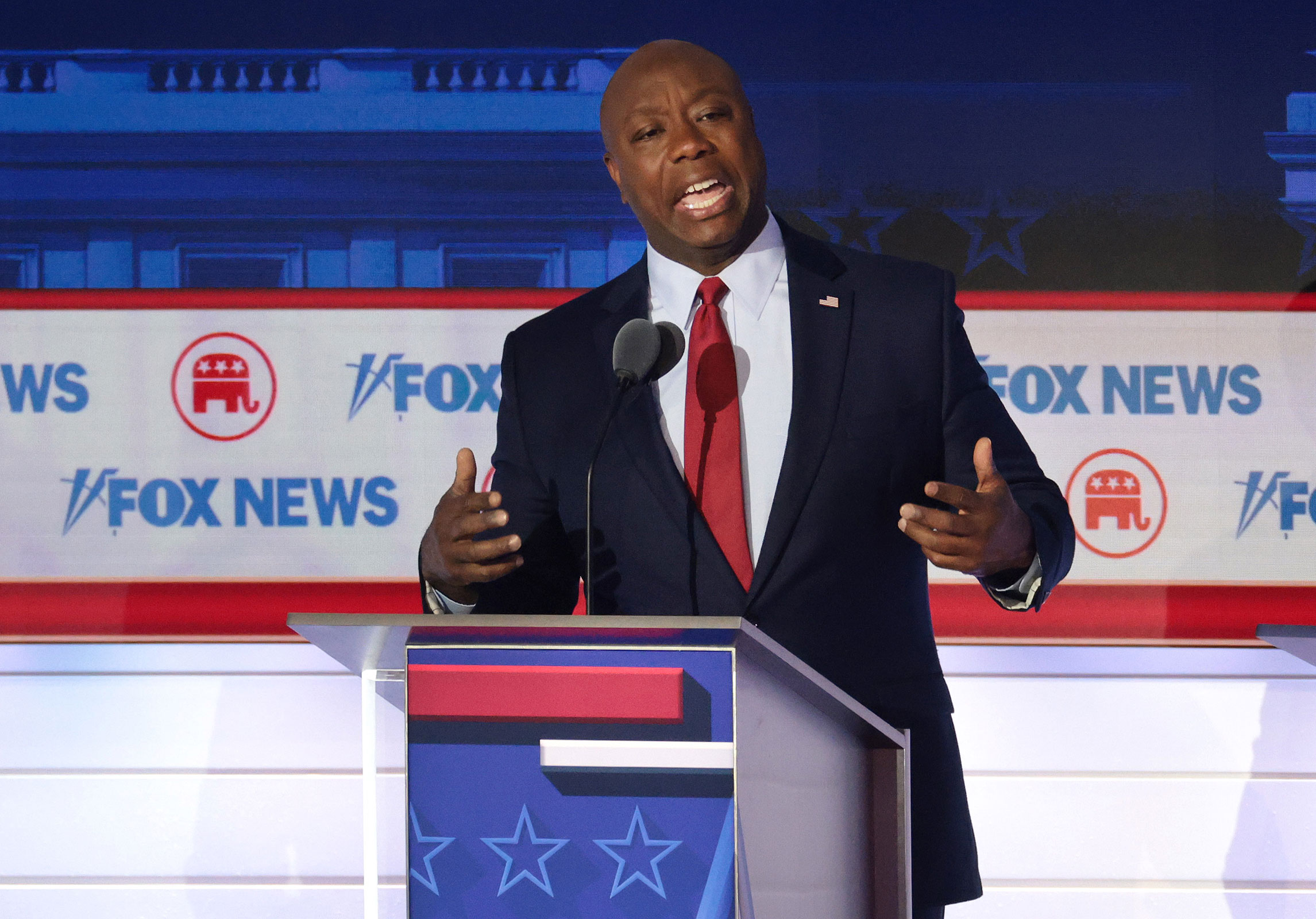 Republican presidential candidate Sen. Tim Scott speaks during the first debate of the GOP primary season hosted by FOX News at the Fiserv Forum on August 23, 2023 in Milwaukee, Wisconsin.