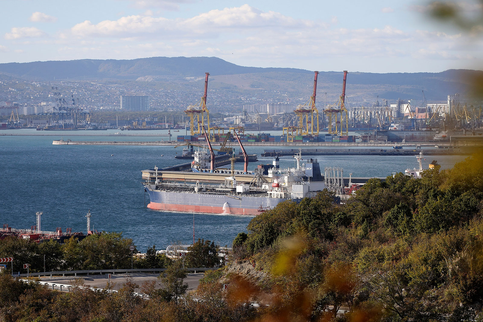 An oil tanker is moored at the Sheskharis complex, part of Chernomortransneft JSC in Novorossiysk, Russia, in October.