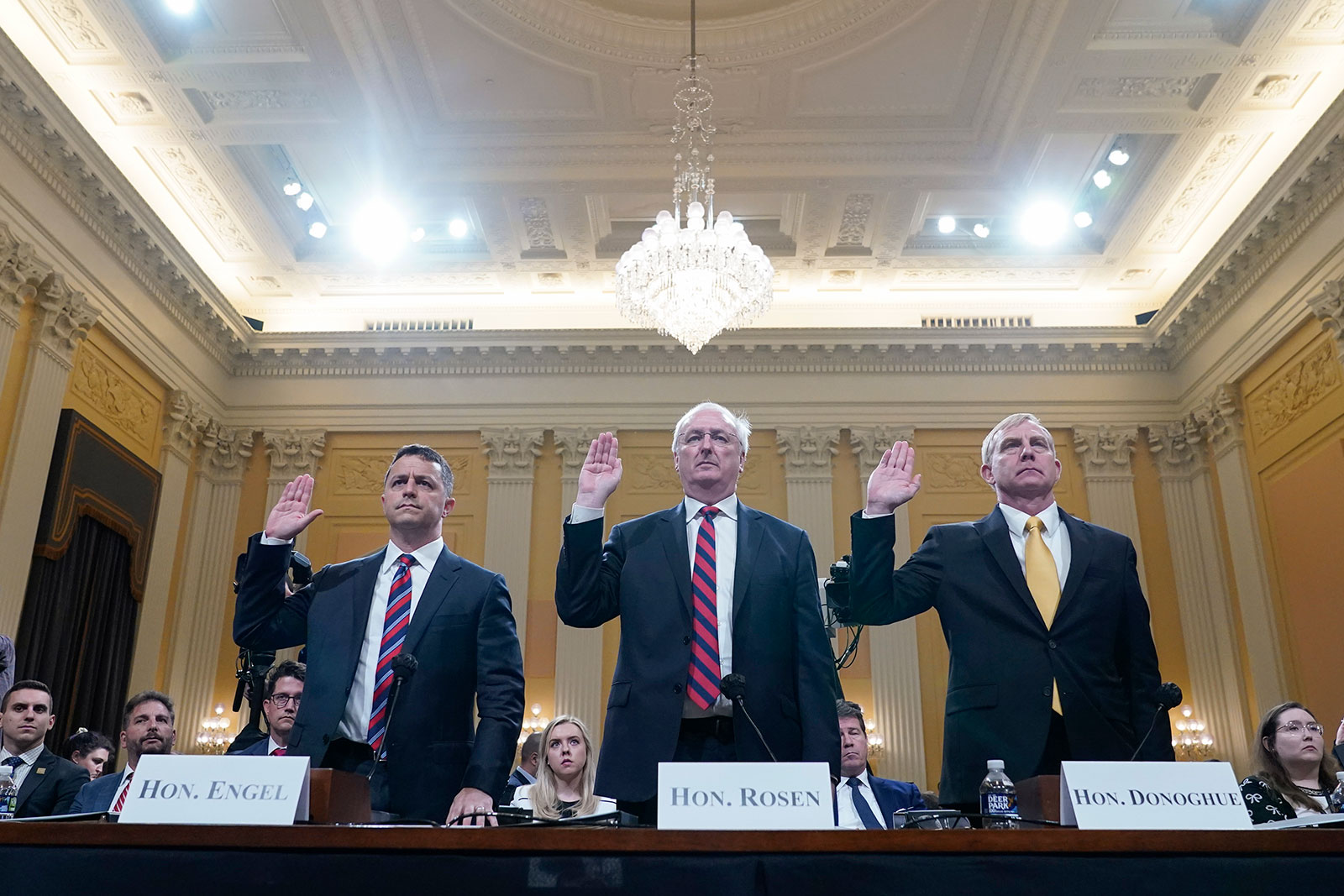 Steven Engel, former assistant general for the office of legal counsel, from left, Jeffrey A. Rosen, former acting Attorney General, and Richard Donoghue, former acting Deputy Attorney General, are sworn in to testify as the House select committee on Thursday. 