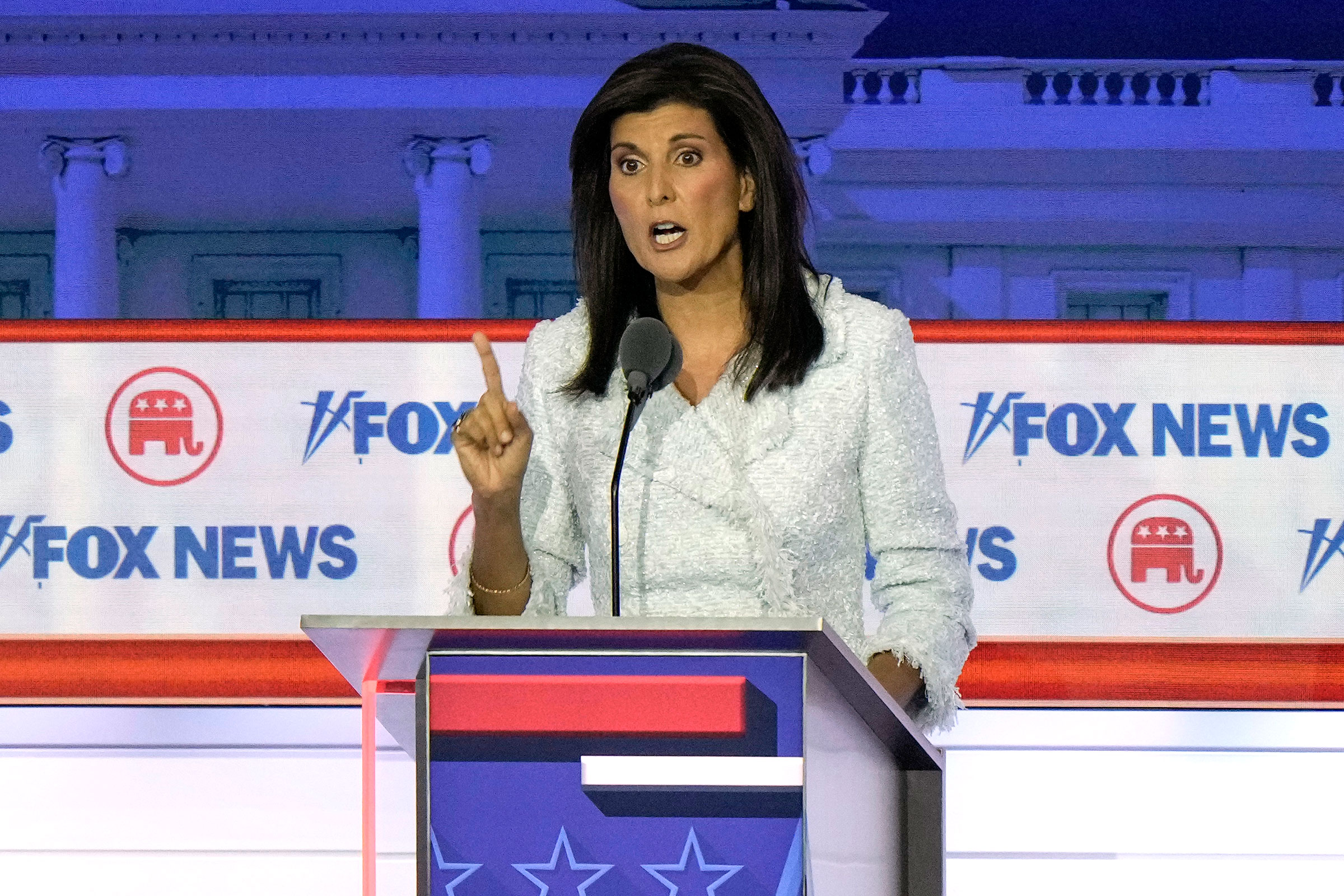 Former UN Ambassador Nikki Haley speaks during a Republican presidential primary debate hosted by FOX News Channel on Wednesday.
