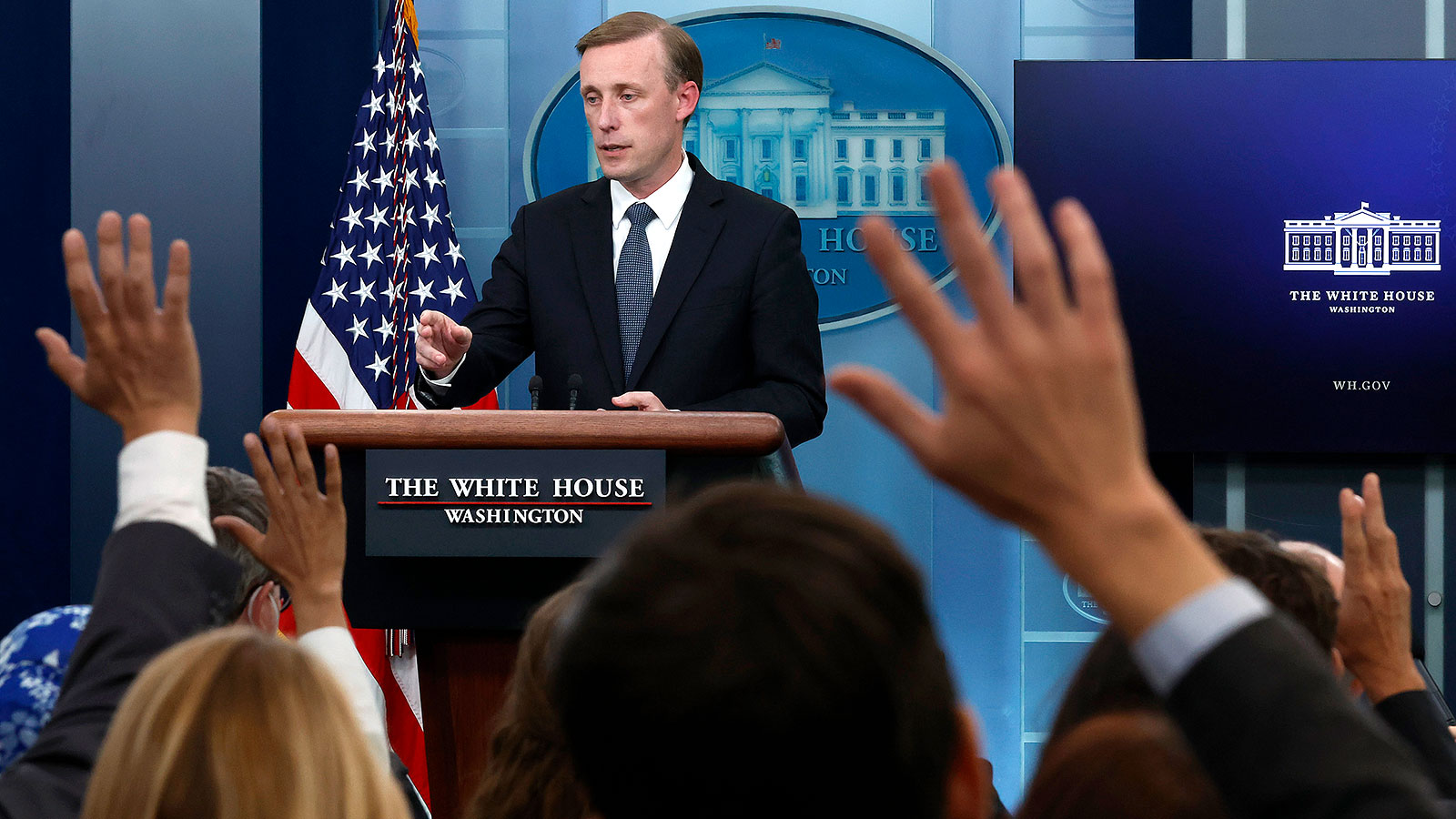 White House National security advisor Jake Sullivan talks to reporters during a news conference in the Brady Press Briefing Room at the White House on July 11 in Washington, DC. 