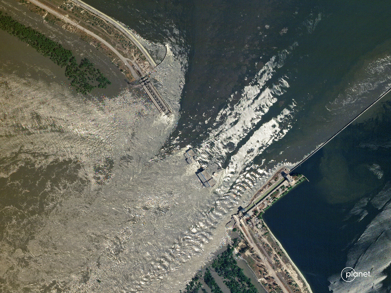 A satellite image shows the damage to the Nova Kakhovka Dam on Tuesday, June 6. 