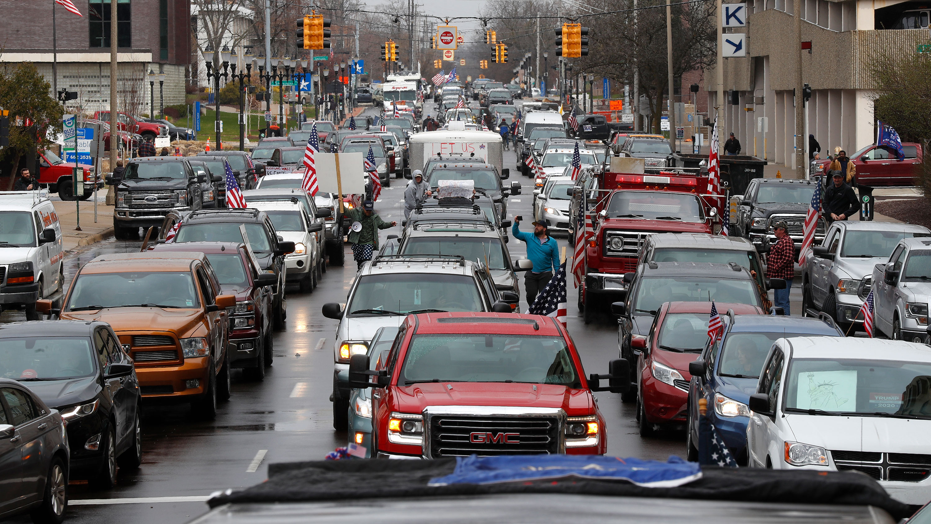 Vehicles sit in gridlock during a protest in Lansing, Michigan, on April 15.