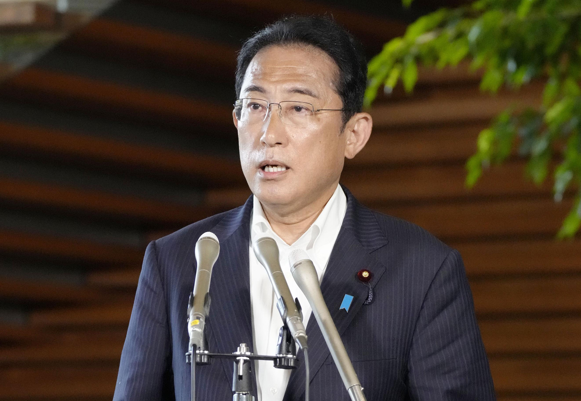 Japanese Prime Minister Fumio Kishida speaks with the media at his office in Tokyo on July 8.