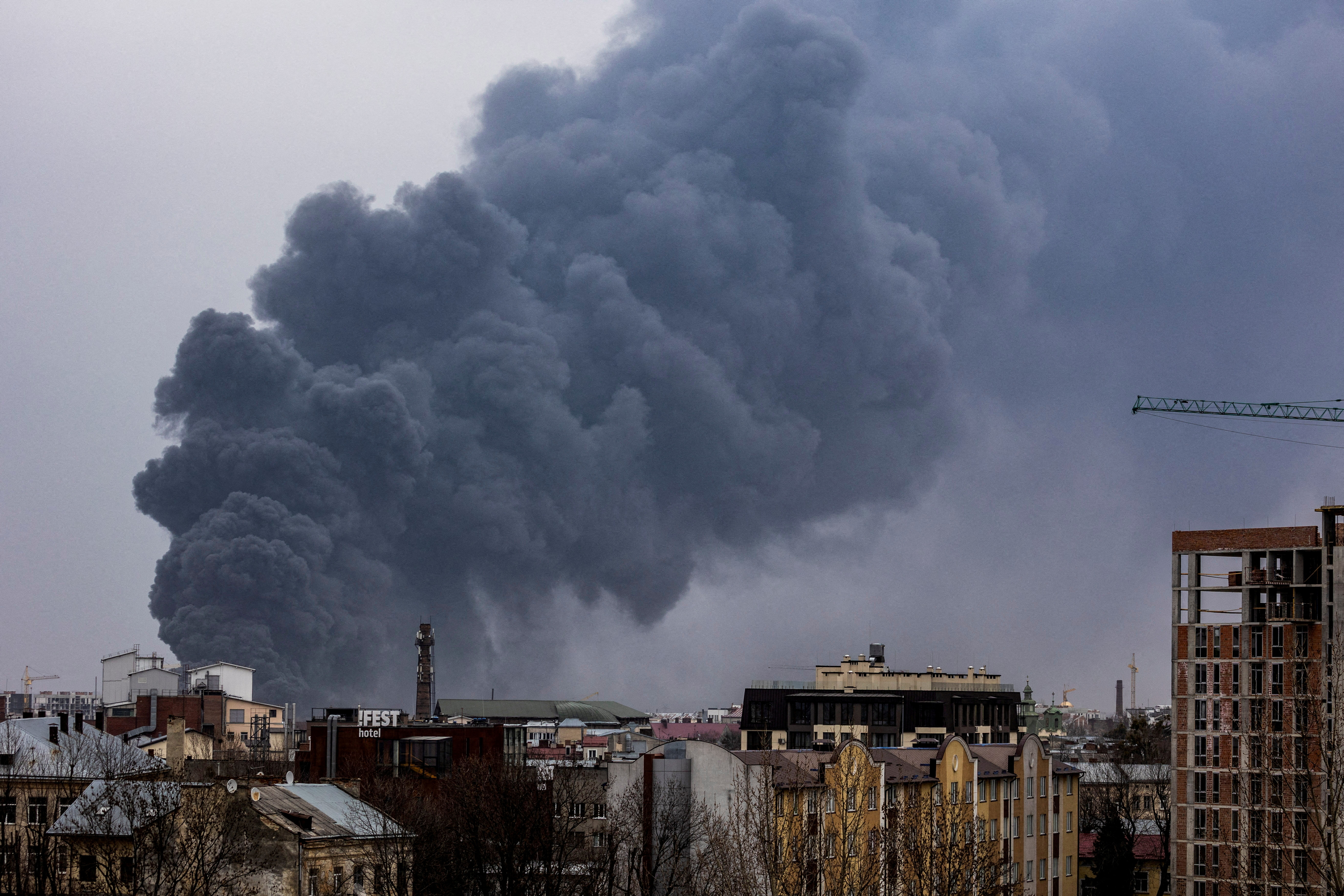 Smoke rises after an airstrike, as Russia's attack on Ukraine continues, in Lviv, Ukraine March 26. 