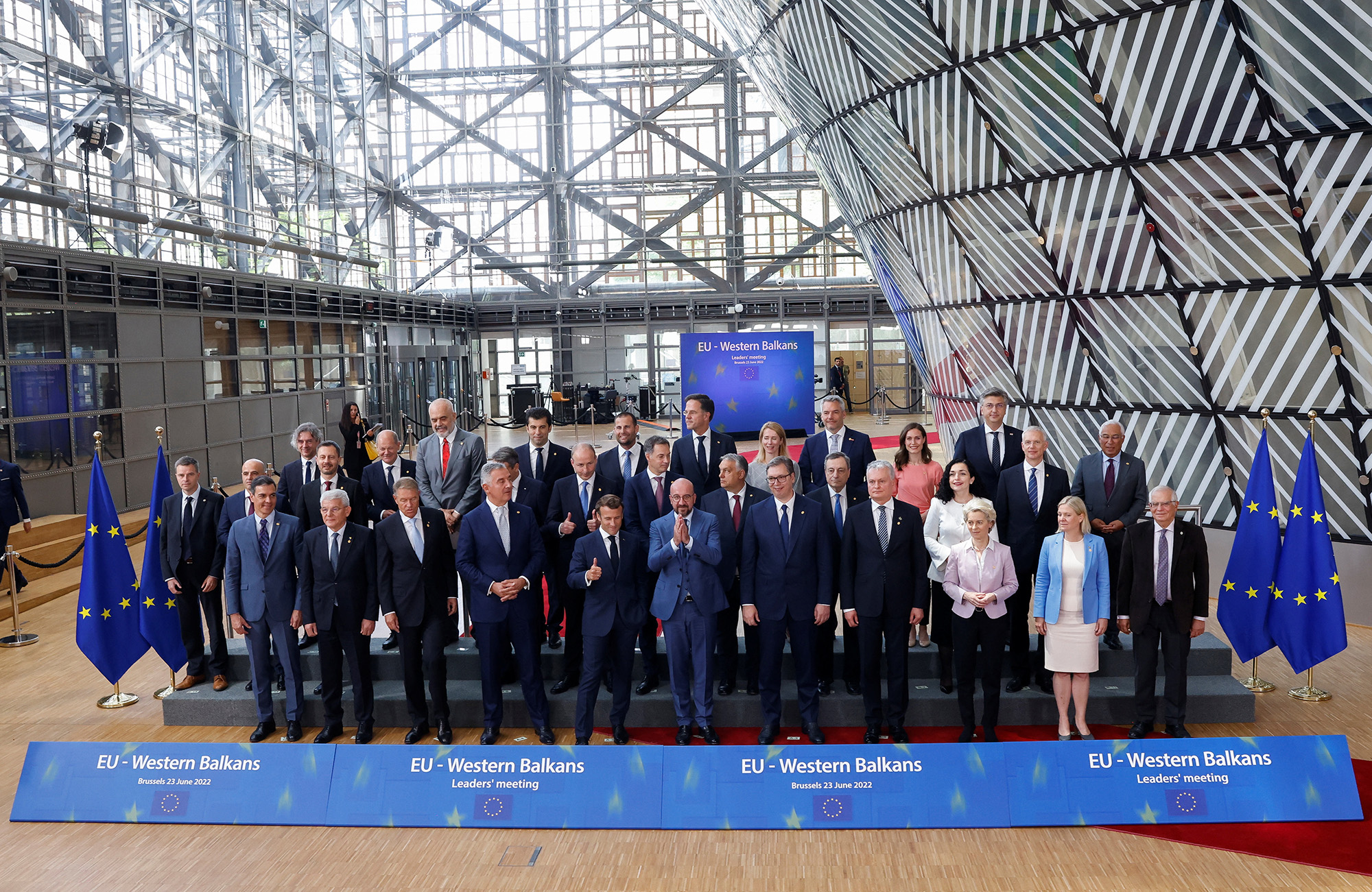 Western Balkans countries leaders and EU leaders pose for a picture at a European Council meeting in Brussels, Belgium, on June 23.