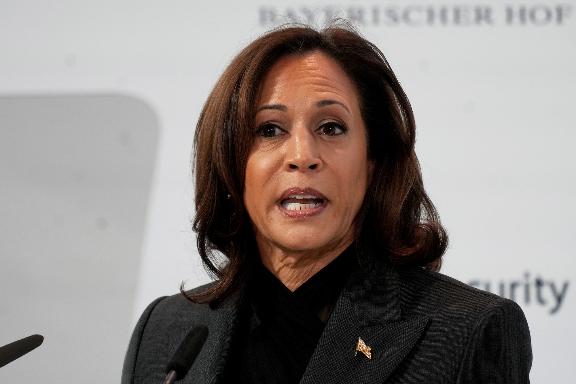 US Vice President Kamala Harris speaks at the Munich Security Conference on Saturday, February 18. 