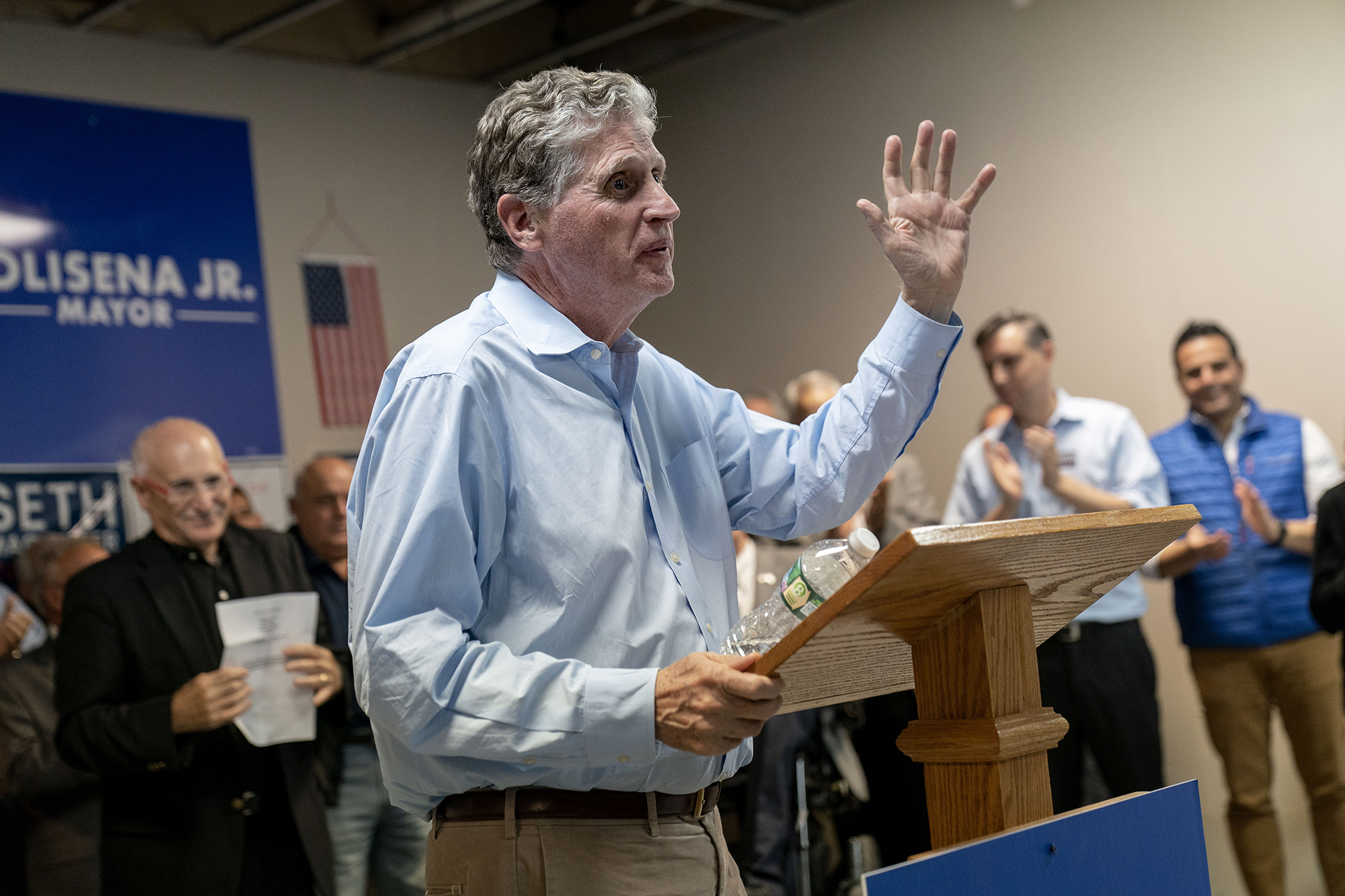 Rhode Island Gov. Dan McKee speaks at the local Democratic Party headquarters in Johnston, Rhode Island on Monday.