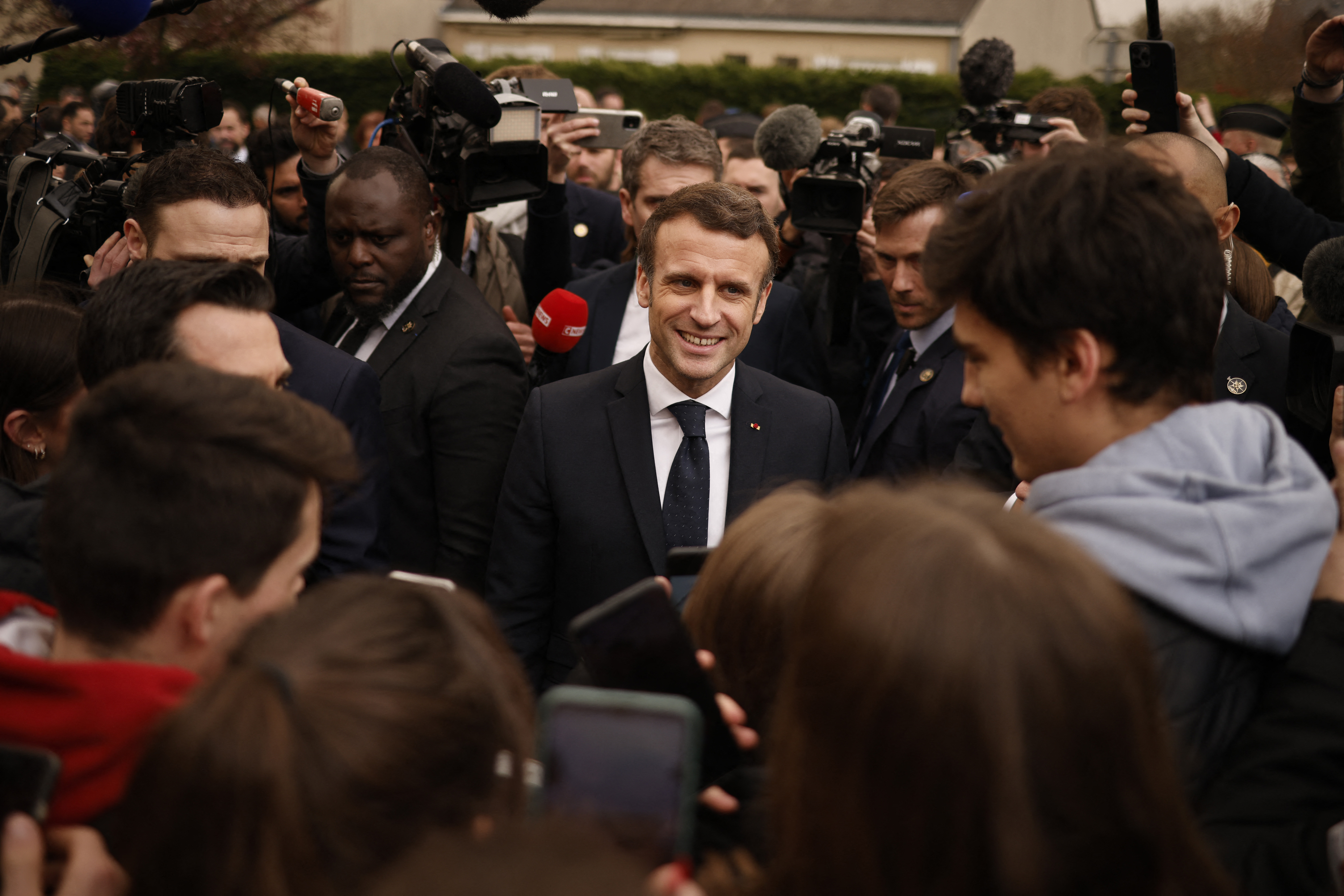 French President Emmanuel Macron visits a center for refugees from Ukraine, in La Pommeraye, near Mauges-sur-Loire, France, on March 15. 