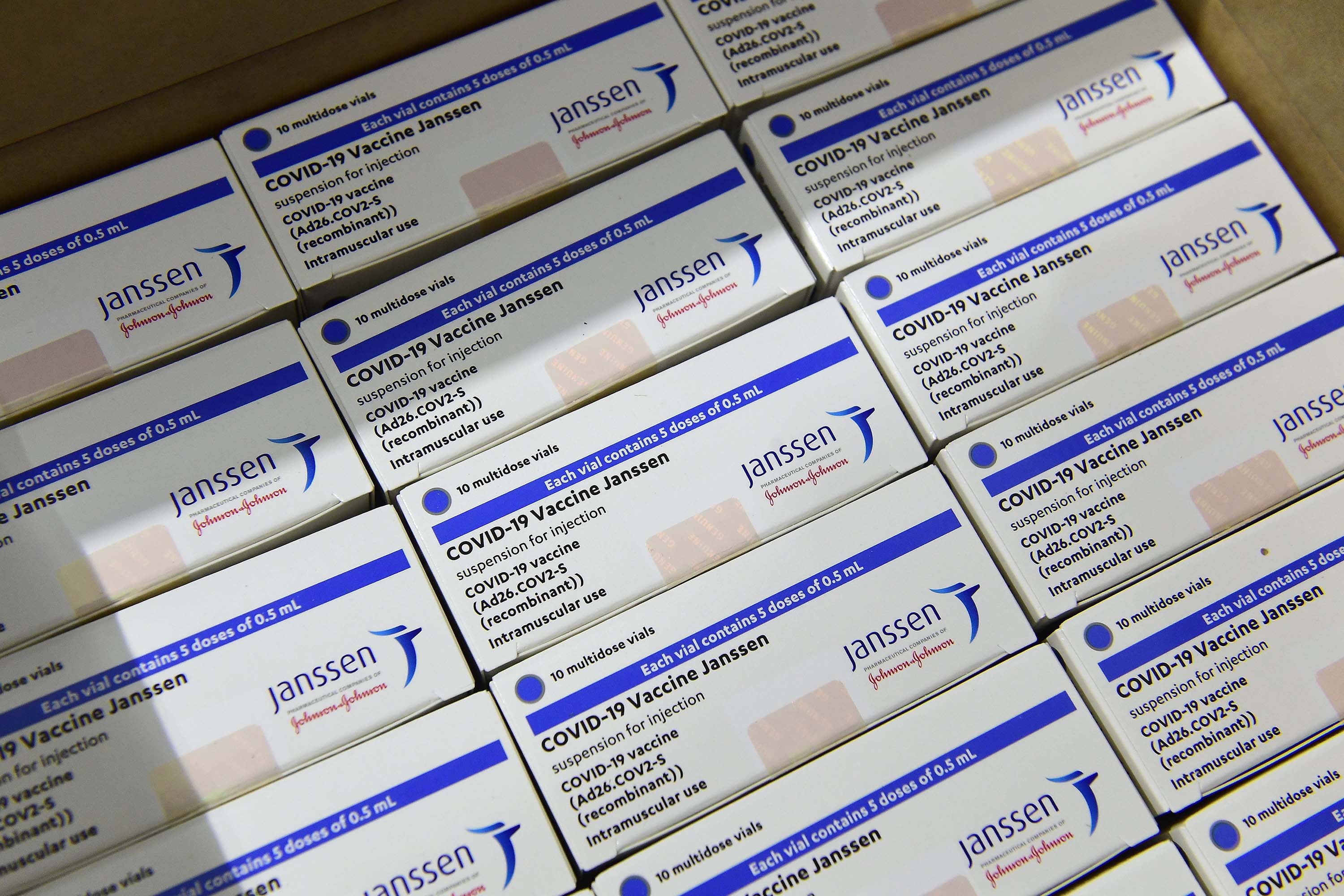 Boxes of the Johnson & Johnson vaccine, also known as Janssen in Europe, are pictured in a warehouse in Budapest, Hungary, on April 13. 