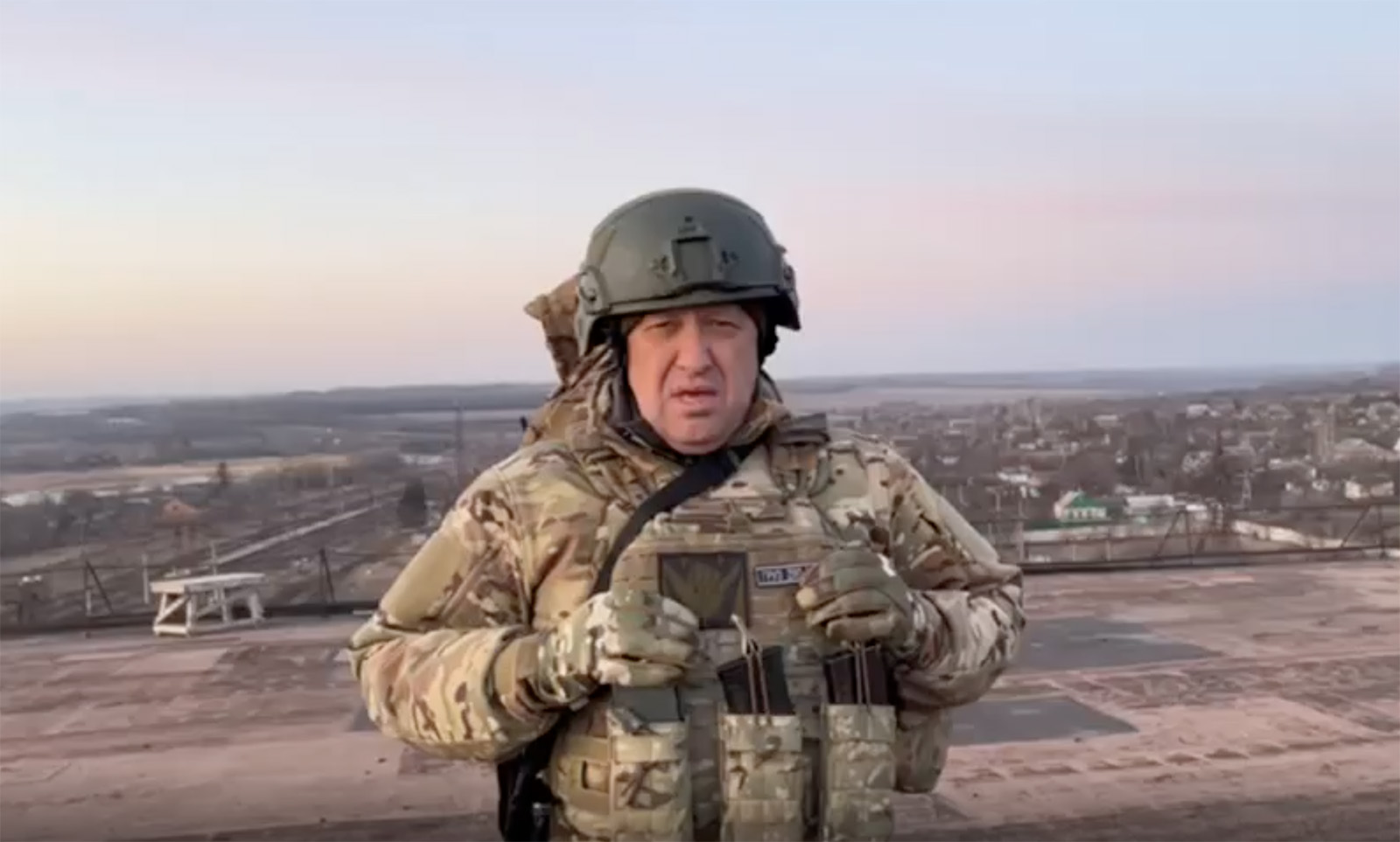 The founder of the Wagner mercenary group Yevgeny Prigozhin delivers a video message outside of Bakhmut, Ukraine, on March 3.