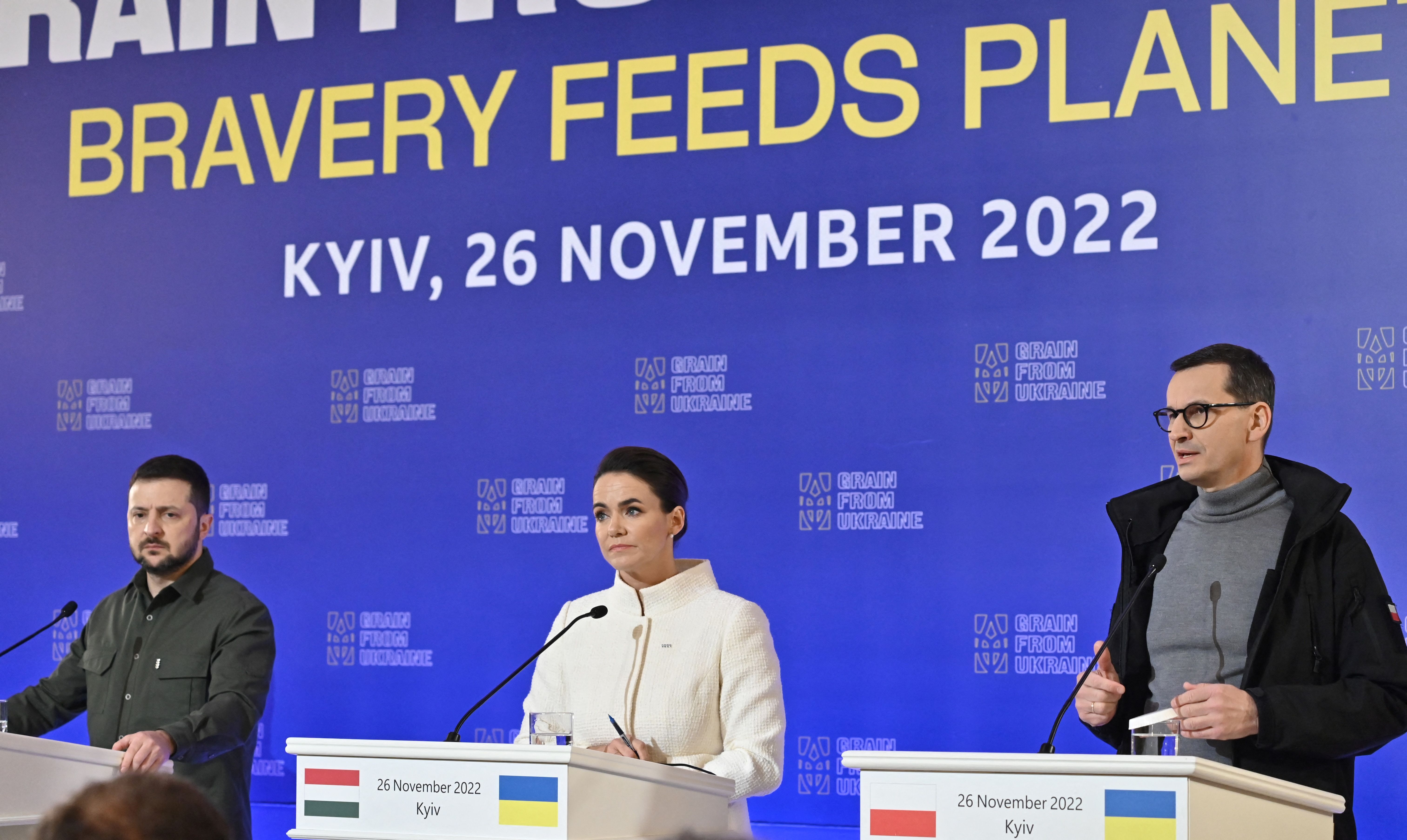 Polish Prime Minister Mateusz Morawiecki, right, speaks alongside Hungarian President Katalin Novak and Ukrainian President Volodymyr Zelensky in Kyiv, Ukraine, on November 26. 