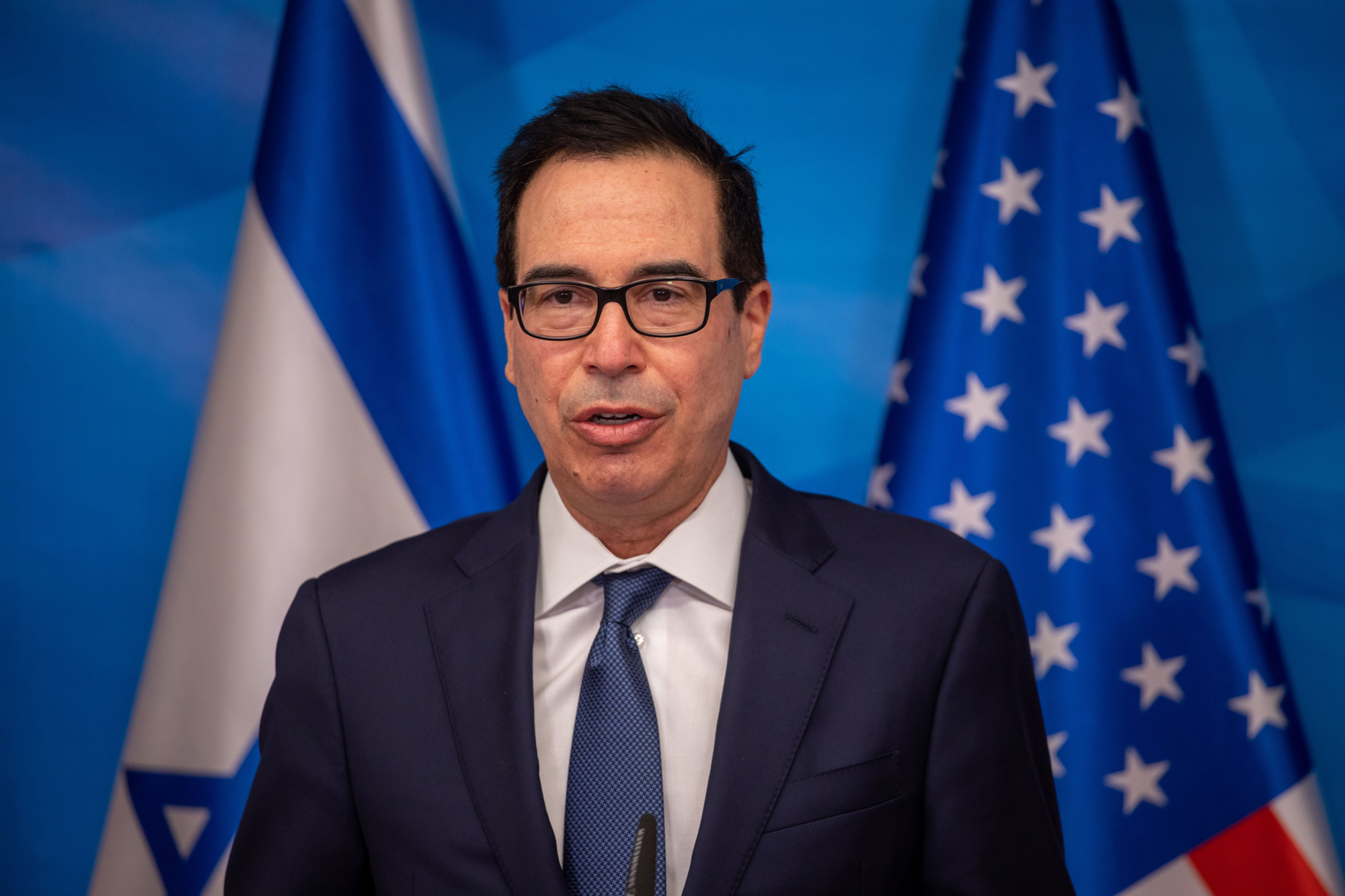 Treasury Secretary Steven Mnuchin gives a statement following his meeting meeting with the Israeli prime minister in Jerusalem, on January 7.