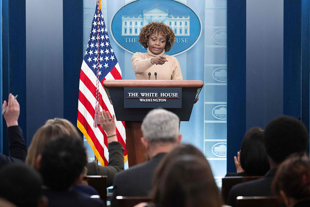 White House Press Secretary Karine Jean-Pierre speaks during the daily briefing on Thursday, March 30.
