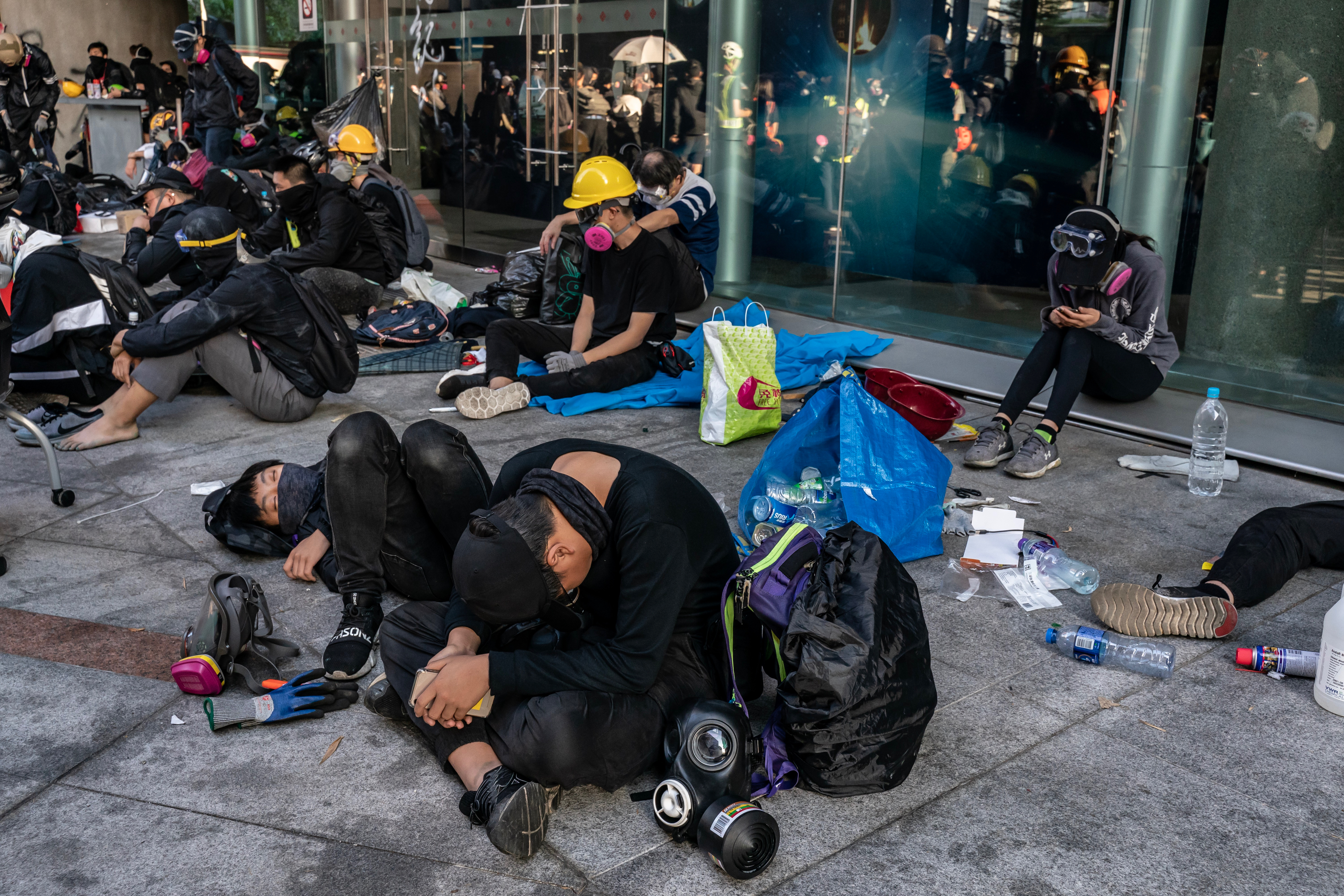 Protesters rest at the Hong Kong Polytechnic University on November 18.