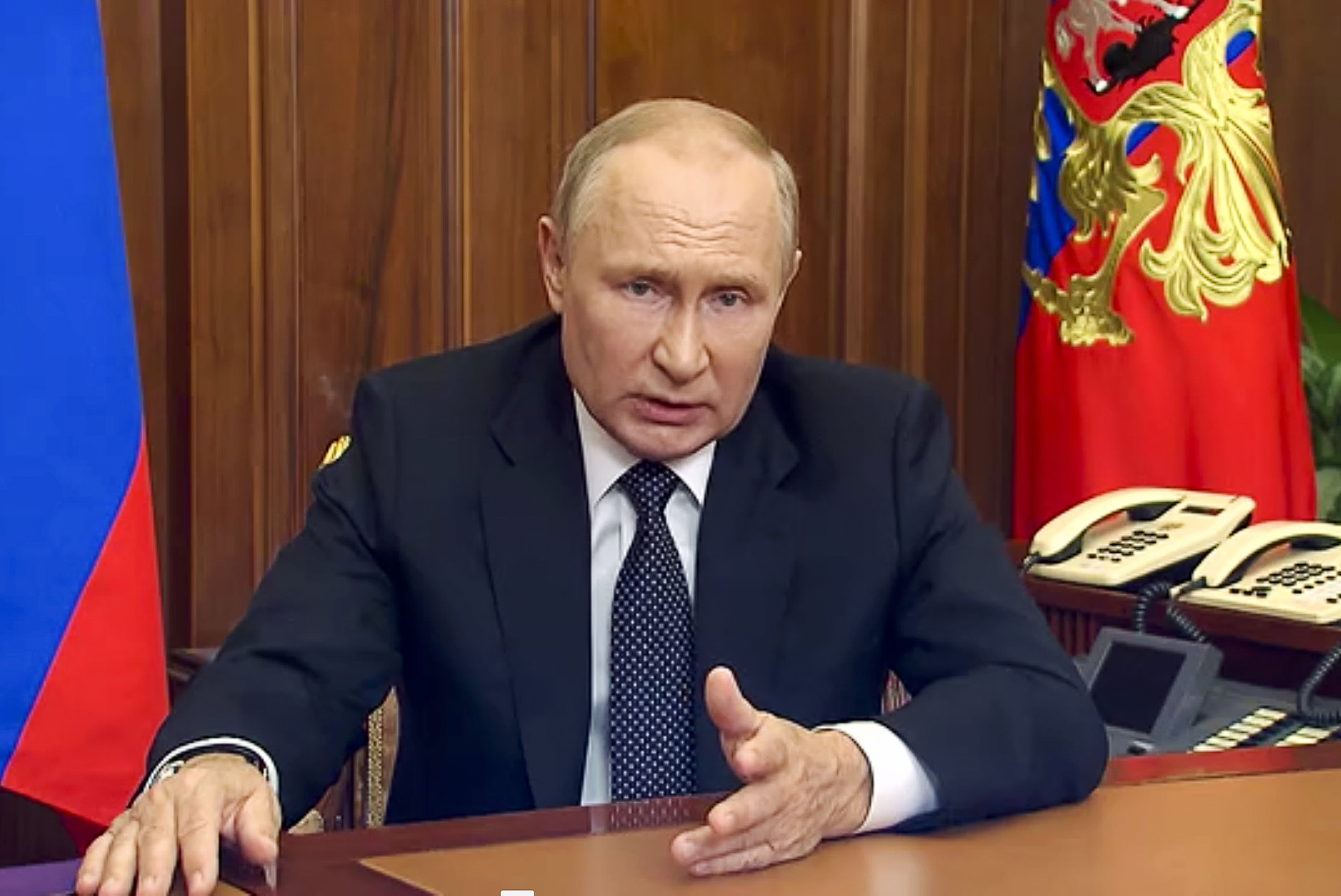 In this image created from video released by the Russian Presidential Press Service, Russian President Vladimir Putin addresses the nation in Moscow, Russia, on September 21.