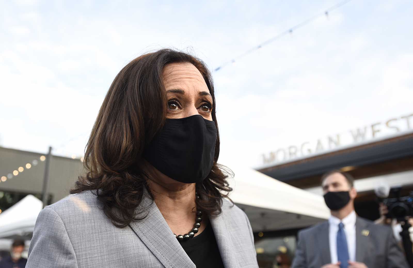 Democratic vice presidential nominee, Sen. Kamala Harris surprises guests at Trophy Brewing on September 28 in Raleigh, North Carolina. 