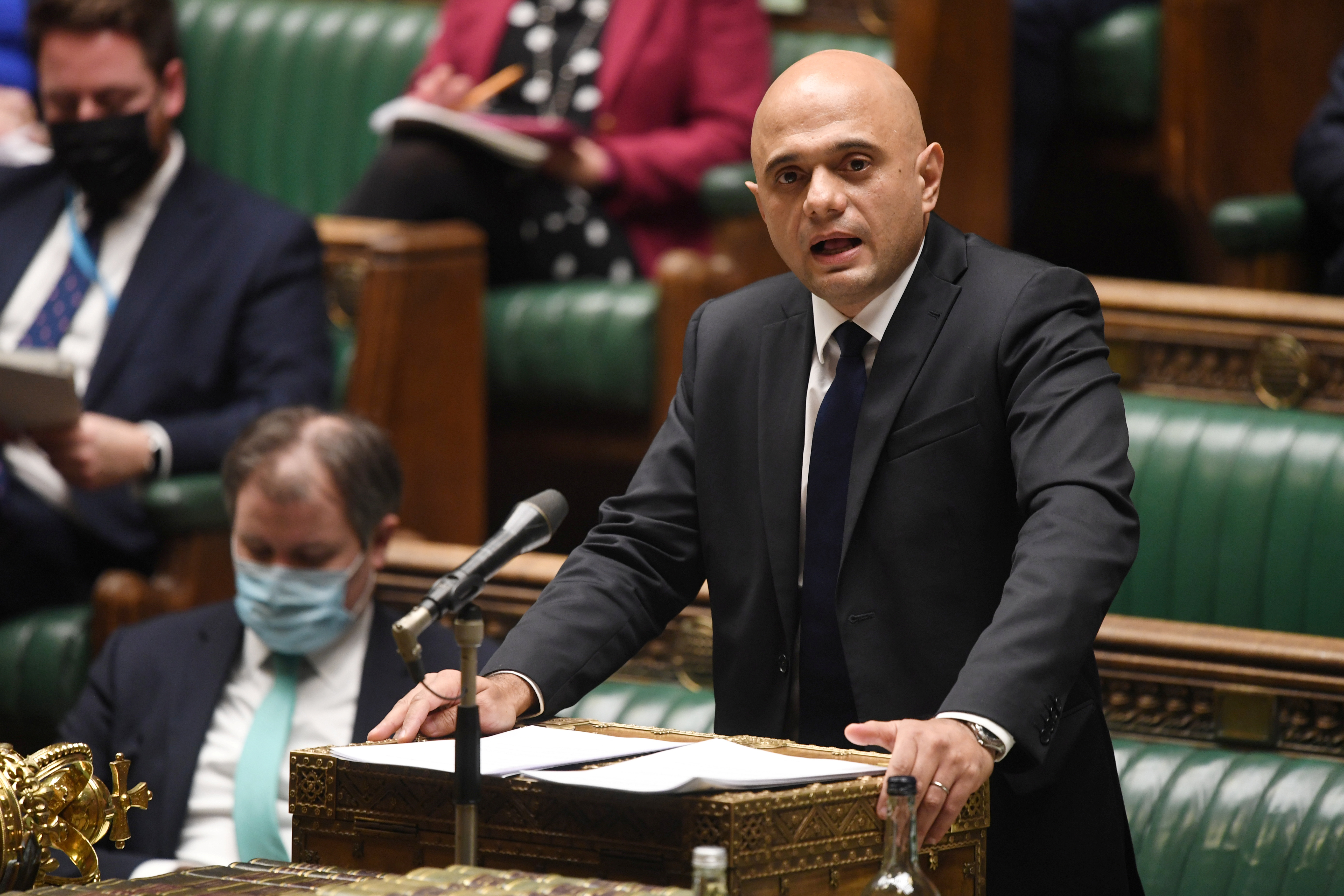 Britain's Health and Social Care Secretary Sajid Javid delivers COVID-19 situation update, at the House of Commons in London, Britain November 29, 2021